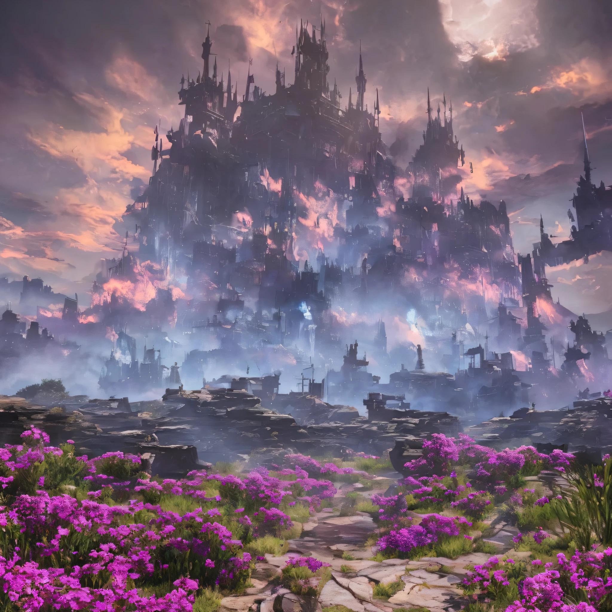 ((Hyper Reality)),Delicately drawn FFXIV landscape painting,Crack Sky background,Shadowblingers theme,(Scenery + Sideline accessories: 1.2),Graceful landscape,Atmospheric feeling,Diverse lighting,Backlight effect,Backlight contrast,Trees illuminated from the roots + flowers,Three-dimensionality,dark atmosphere,post-apocalyptic world,light of hope --auto --s2