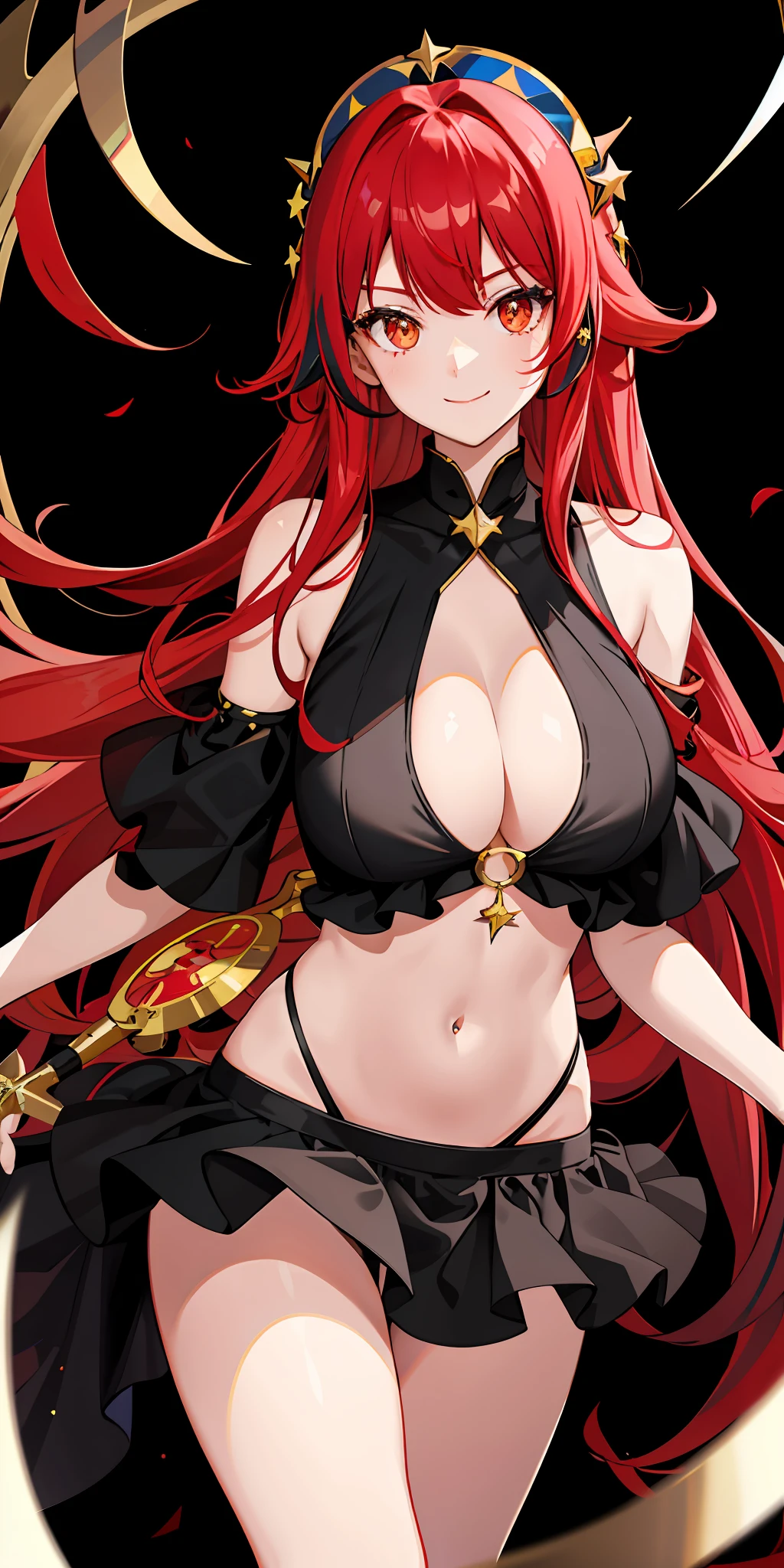 1girl, bright, red hair, long hair, curled hair, odd eye, red eyes, yellow eyes, star motif, multicolored hair, saleme, head mask, side light, light particles, wallpaper, big, plump, idol, swimsuit, loose, smile, gentle, clear, sexy