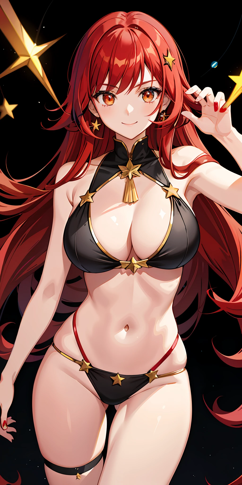1girl, bright, red hair, long hair, curled hair, odd eye, red eyes, yellow eyes, star motif, multicolored hair, saleme, head mask, side light, light particles, wallpaper, big, plump, idol, swimsuit, loose, smile, gentle, clear, sexy