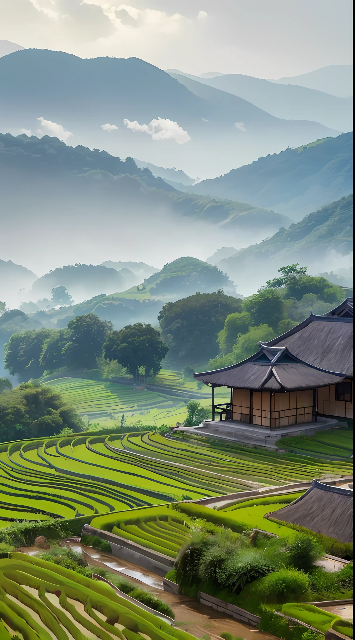 A highly condensed beautiful moving woman, large terraced fields, mountains, huts, with rice fields, rice fields, neat rice seedlings in the fields, misty rain, villages, agriculture, in the tranquil landscape, misty weather, in the vast tranquil landscape, in the early morning, in the morning fog, behind a small village, mist, Japanese countryside, thatched roofs --v 6