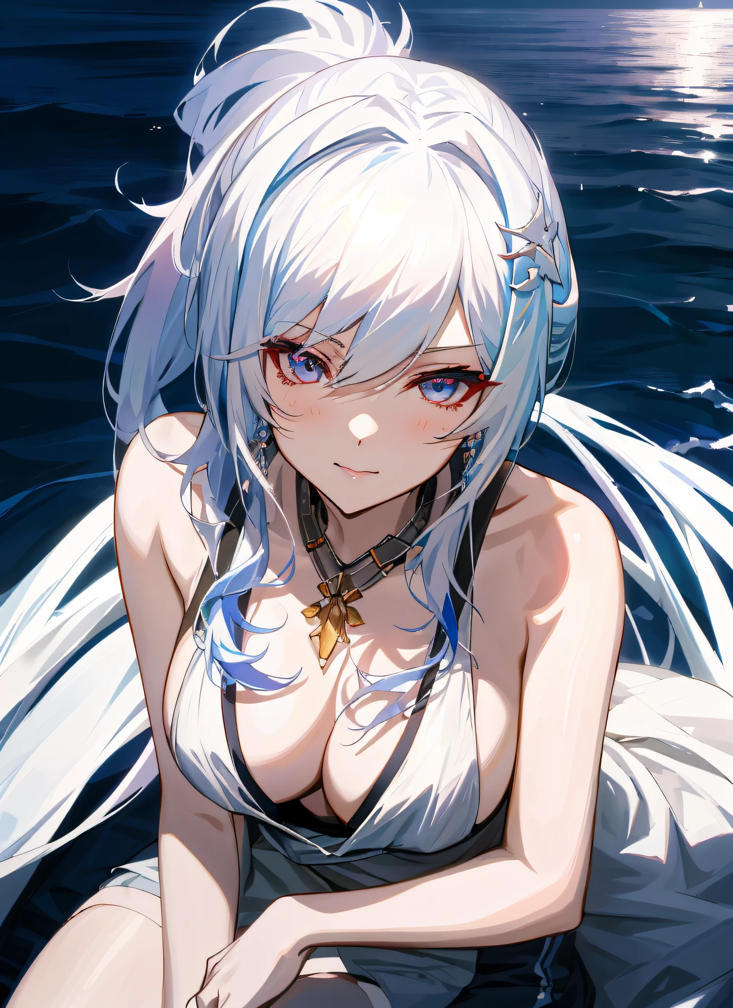 anime girl with white hair and blue eyes sitting on a boat, from the azur lane videogame, seductive anime girl, fine details. girls frontline, azur lane style, from girls frontline, beautiful alluring anime woman, perfect white haired girl, best anime 4k konachan wallpaper, white haired deity, photorealistic anime girl render, wallpaper anime blue water