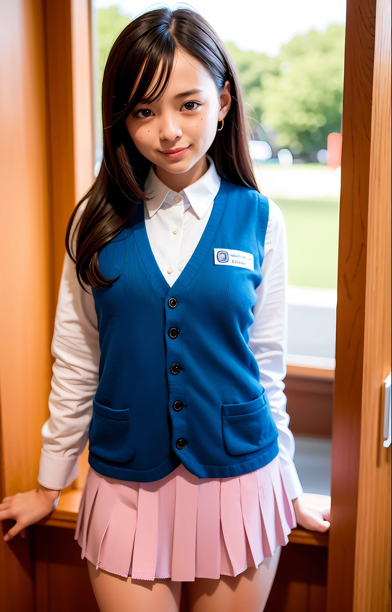 (((medium hair))), best quality, 8K, HDR, highres, absurdres:1.2, blurry background, bokeh:1.2, Photography, (RAW photo:1.2), (photorealistic:1.4), (masterpiece:1.3), (intricate details:1.2), 1girl, solo, japanese girl, delicate, beautiful detailed, (detailed eyes), (detailed facial features), petite, (((small breasts))), skin tight, (looking_at_viewer), from_front, (skinny), (best quality:1.4), (ultra highres:1.2), cinema light, (extreme detailed illustration), (lipgloss, best quality, ultra highres, depth of field, caustics, Broad lighting, natural shading, 85mm, f/1.4, ISO 200, 1/160s:0.75),1girl, solo, (((blue vest))) ((smile)), ((school uniform, pink pleated skirt with checker pattern))