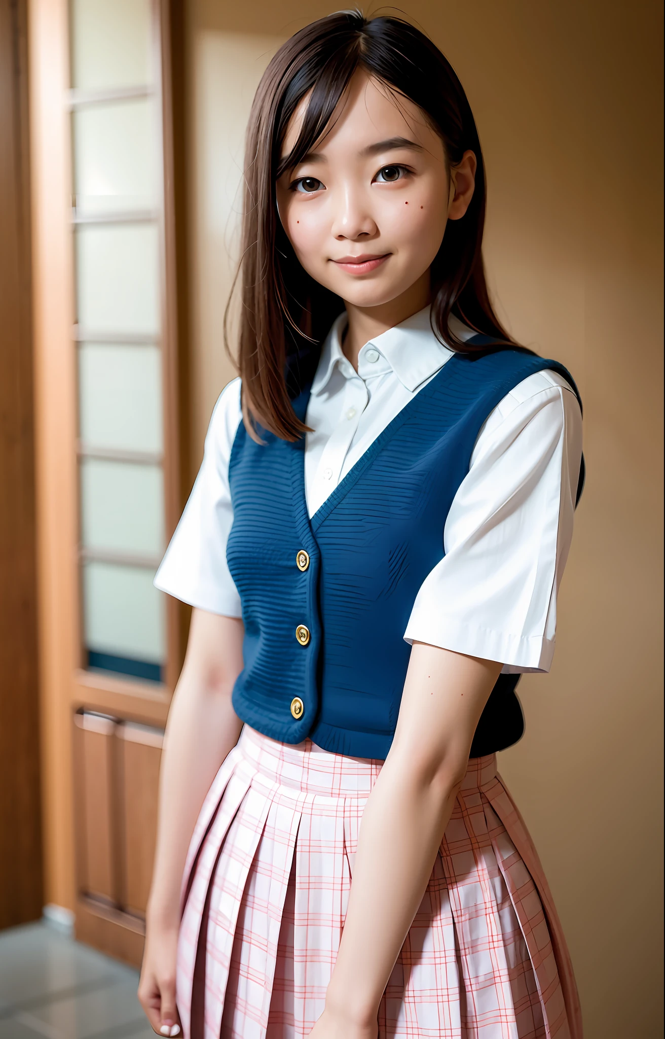 (((medium hair))), best quality, 8K, HDR, highres, absurdres:1.2, blurry background, bokeh:1.2, Photography, (RAW photo:1.2), (photorealistic:1.4), (masterpiece:1.3), (intricate details:1.2), 1girl, solo, japanese girl, delicate, beautiful detailed, (detailed eyes), (detailed facial features), petite, (((small breasts))), skin tight, (looking_at_viewer), from_front, (skinny), (best quality:1.4), (ultra highres:1.2), cinema light, (extreme detailed illustration), (lipgloss, best quality, ultra highres, depth of field, caustics, Broad lighting, natural shading, 85mm, f/1.4, ISO 200, 1/160s:0.75),1girl, solo, (((blue vest))) ((smile)), ((school uniform, pink pleated skirt with checker pattern))