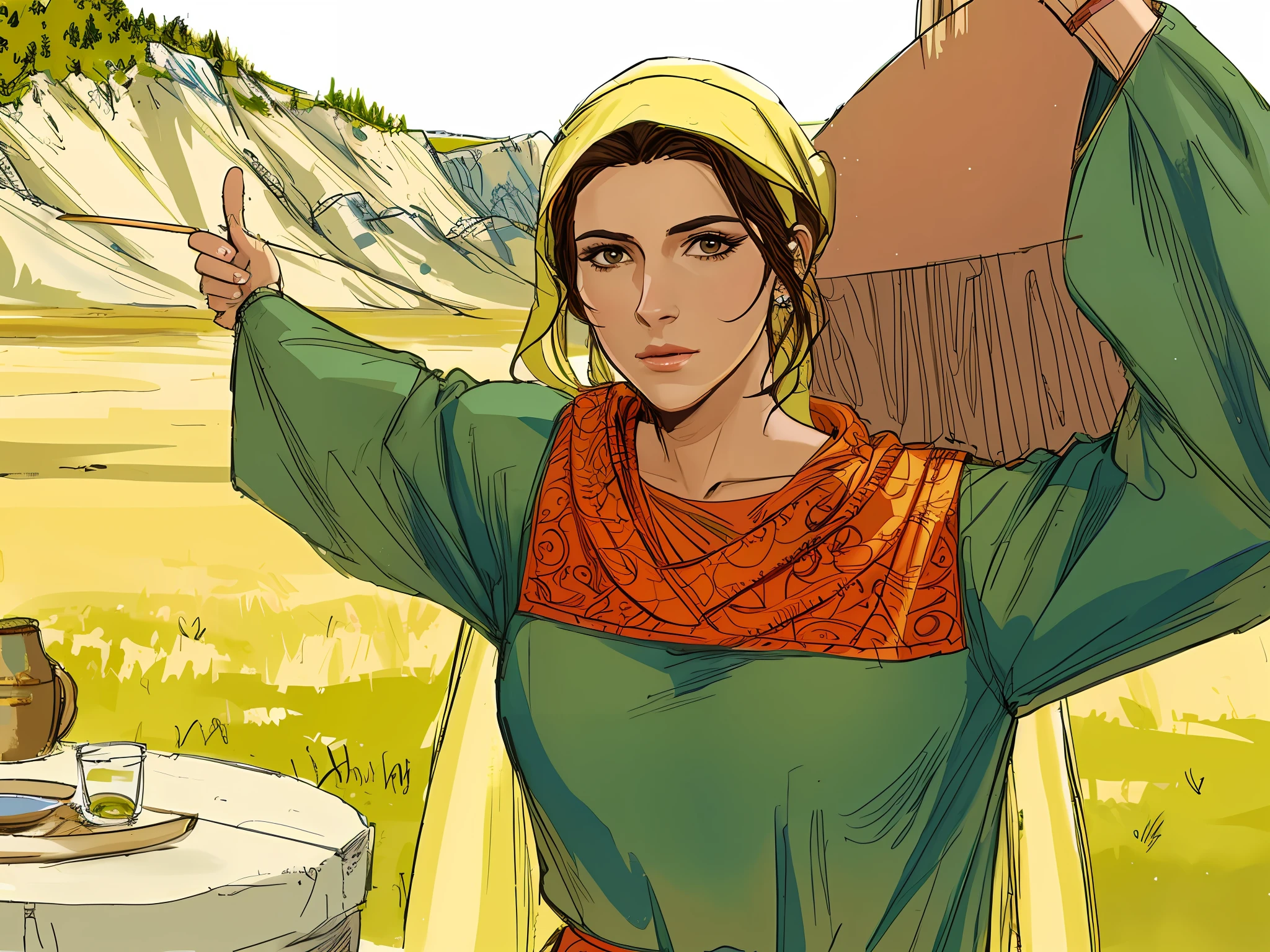 (masterpiece), (best quality), a beautiful woman in a yellow robe, she carries a clay jug and points with the finger of her right arm to the mountain behind her, epic biblical representation, 8k, UHD, cinematic lighting, --s2