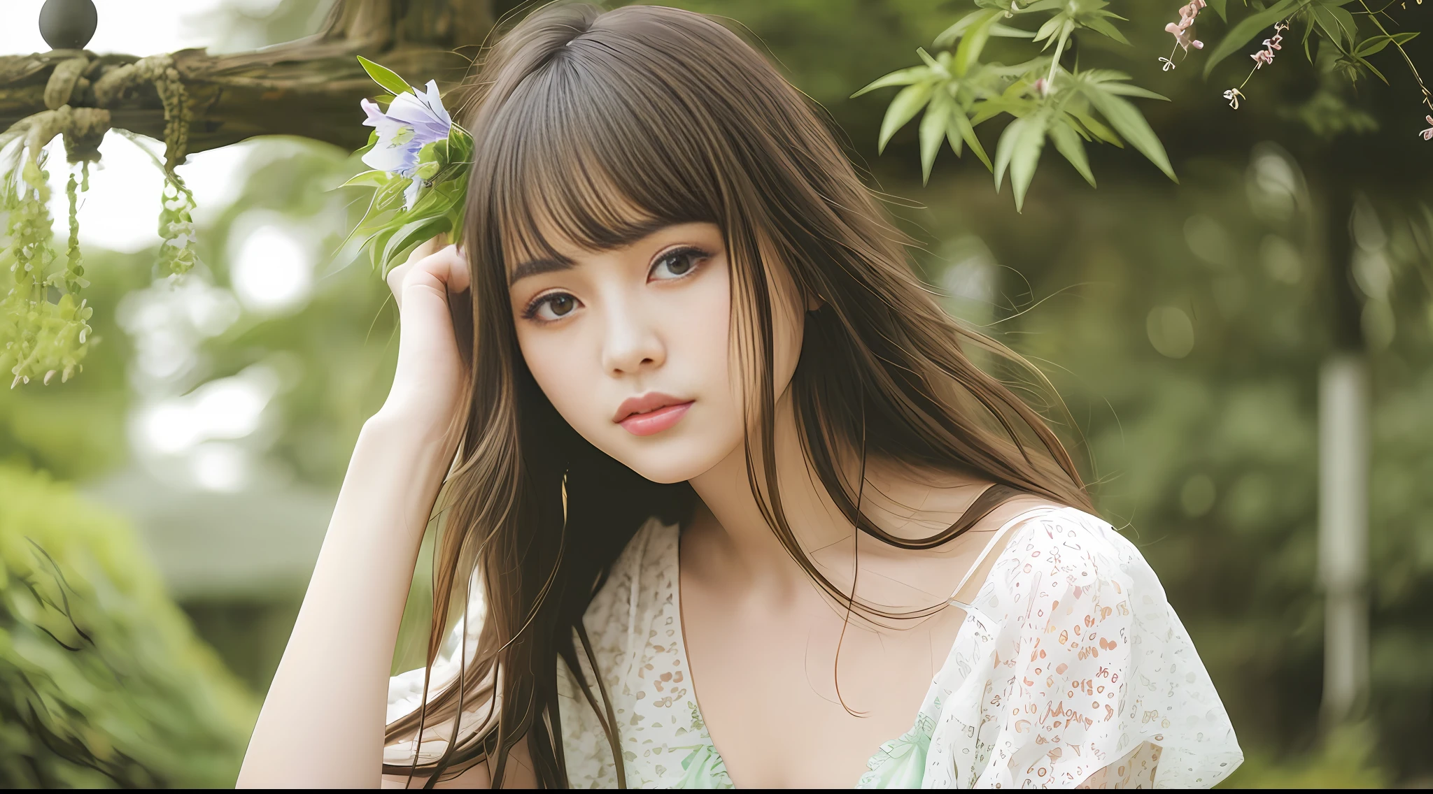 Stunning close-up portrait of a young and beautiful woman with RAW, analog style and impressive features. She should have long, flowing hair, a seductive gaze, and an attractive look. The background is neutral and simple, allowing the woman to be the focal point of the image. Pay attention to details, such as highlights and shadows on her face and hair, to create realistic and realistic images. Experiment with different lighting techniques to enhance the mood and atmosphere of your portrait. The final product should be a masterpiece that captures the essence and beauty of women ((Highly detailed skin, skin details)), Sharp Focus, Volumetric Fog, 8K, UHD, DSLR, High Quality, Film Grain, Fujifilm XT3, Camisole Dress, Hemp Dress, Floret Dress, Short Hair Hair, Disheveled Hair, Rainy Summer Festival, Wind Chimes, Rain, Green, Forest, Wind, Big