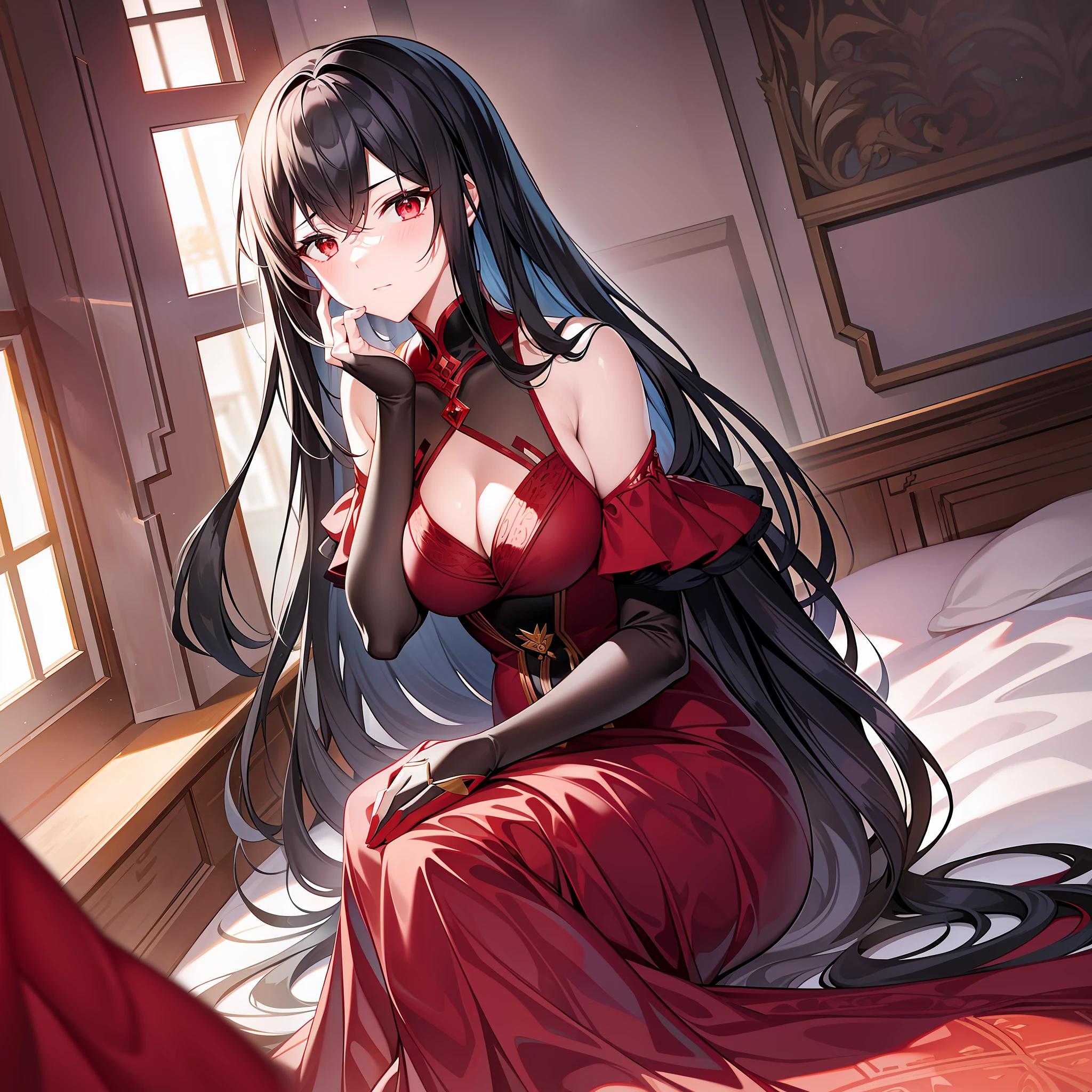 The red-clothed black-haired female emperor sat quietly on the edge of the bed, her hands gently stroking her knees, and she lowered her head shyly. Her long dark hair was scattered on her shoulders, reflecting a delicate and attractive face. Her eyes shone softly, and the corners of her mouth curled slightly seemed to tell some exclusive secret. The long red dress wrapped her slender and charming figure, making people involuntarily fall into infinite reverie. At this time, a faint aroma fills the whole room, making people feel incomparable comfort and tranquility. Quietly looking at the night outside the window, the red-clothed and black-haired female emperor seemed to be thinking about something, perhaps contemplating her inner world, perhaps waiting for something unknowable.