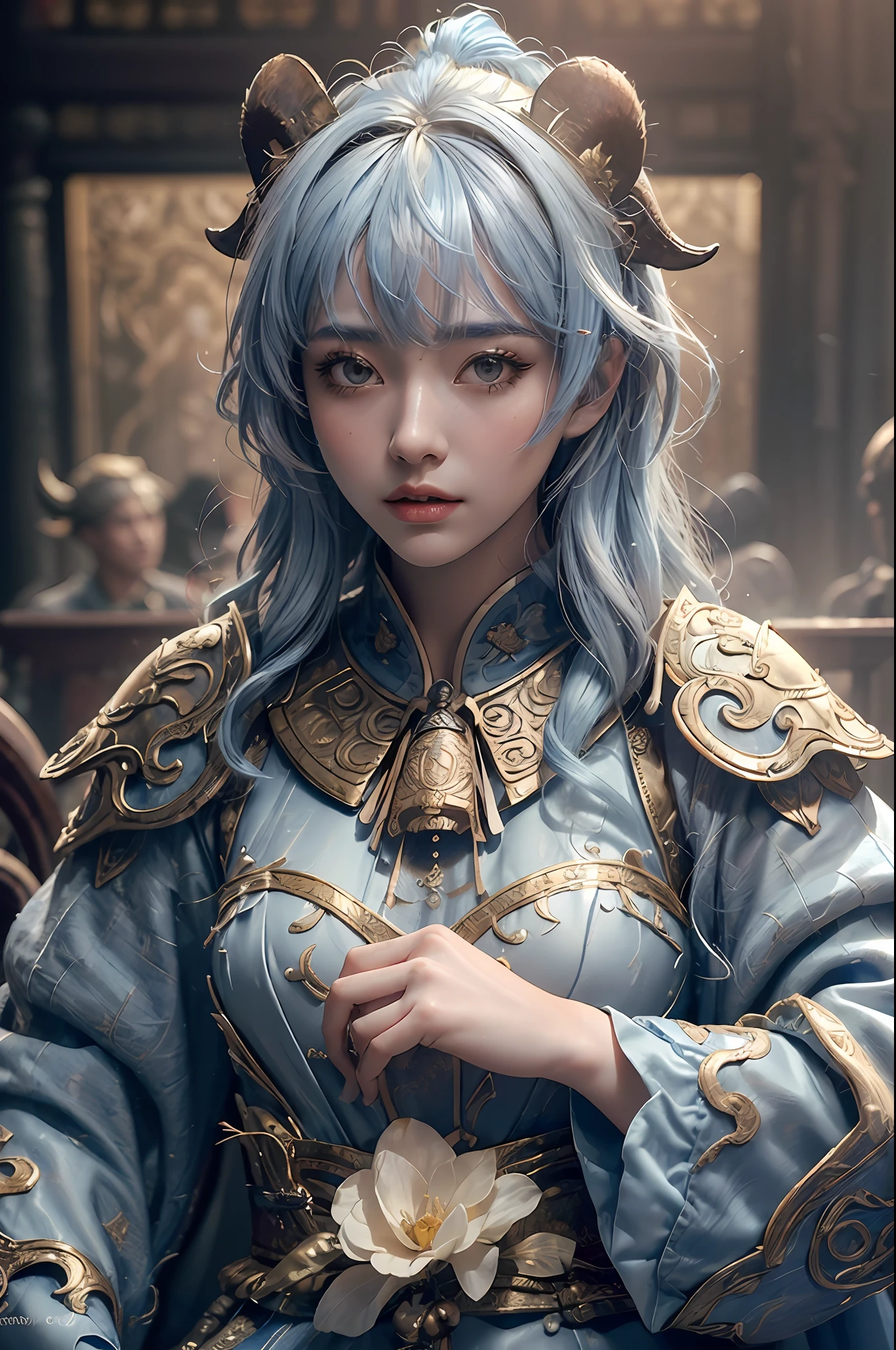 ((Masterpiece))), ((Best Quality))), ((Ultra-detailed)), (Hyper-Real), (Highly Detailed CG Illustration), Cinematic Light, Realistic, (Ganyu), Very Beautiful Young Lady, Horns, Bells on the Chest, (Beautiful Face and Lips), Light Makeup, Intricate Details EBA, Light Blue Hair, Blue Cloak, Popular on ArtStation,