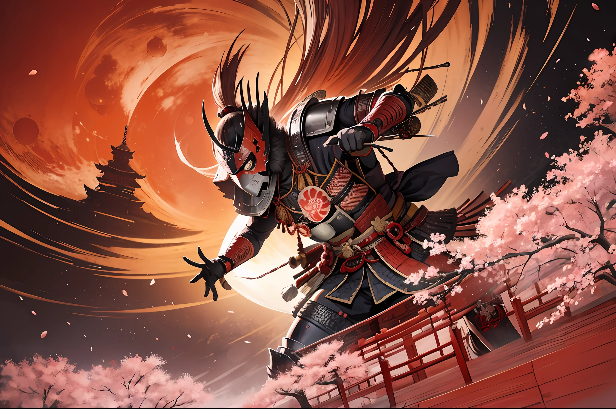 Japanese samurai armor mask katana cherry blossom temple huge red sun background ink style