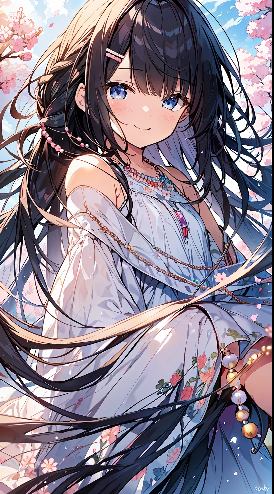 Top Quality, Masterpiece, Ultra High Definition, 8K, Summer Sky, Early Summer, ((Flower Print Dresses, Sandals, Beaded Necklaces)), Shojo Manga Style Loli, One, Soft Line Art, Digital Enhancement, Shojo Manga Touch, Shojo Manga Core, Flowing Fabric, Close Up, (Shoulder-length hair length and short braids)), wet hair, staring at us from the front, Soft drawing, beautiful black hair, clear eyes, ((teasing smile)), ultra-detailed digital anime art, clear face depiction, ultra-detailed shoujo manga character art, ultra-detailed manga style, top quality colors, hand gestures, landscape with nature, looking up at the sky, angle to see up to your feet