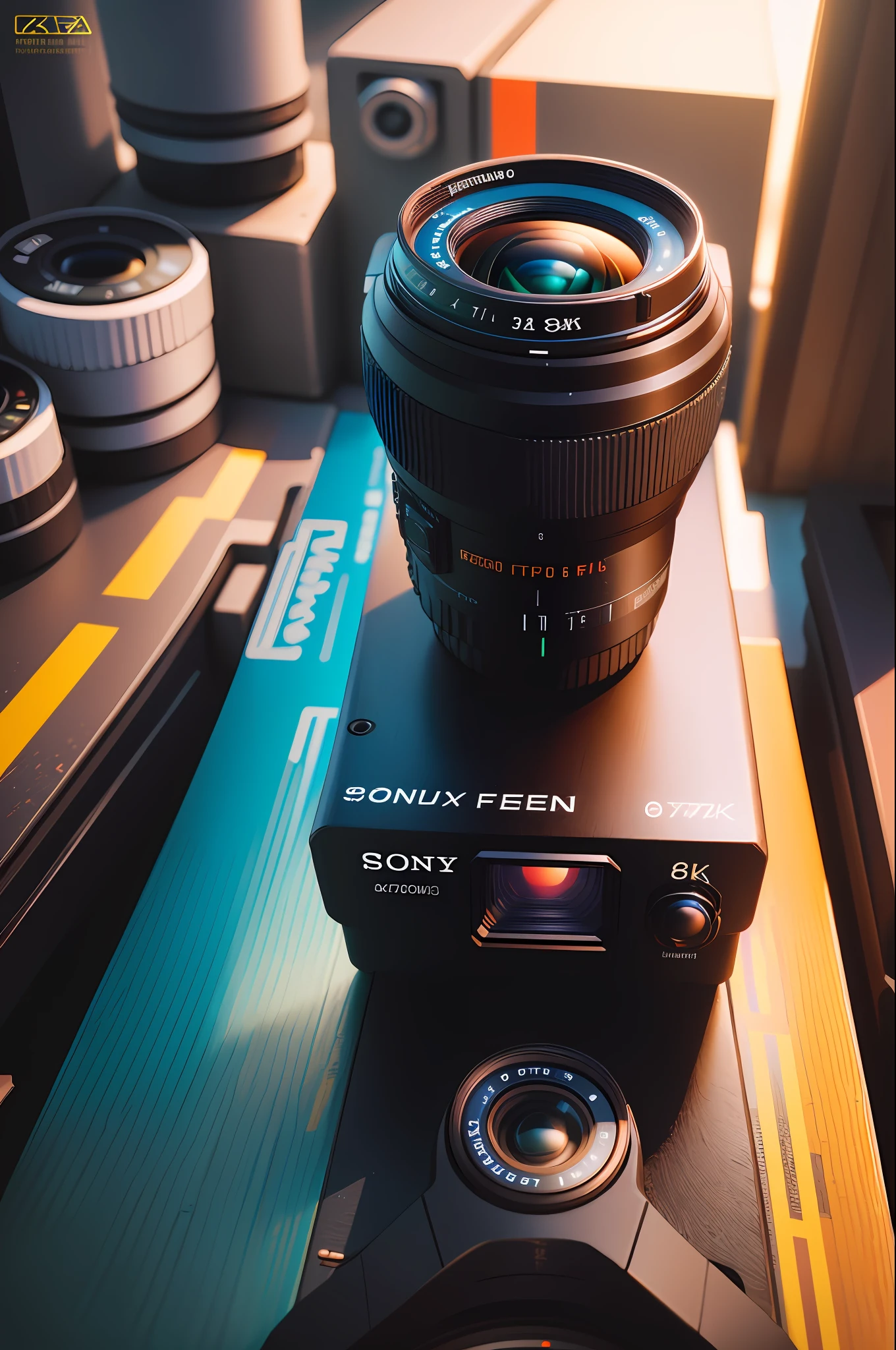 8k high quality, detailed, colorful analog photo, masterpiece, photorealistic, vibrant color film, masterclass, heavy (film grain), futuristic tactical cyberpunk camera with lens, Sony a7c camera
