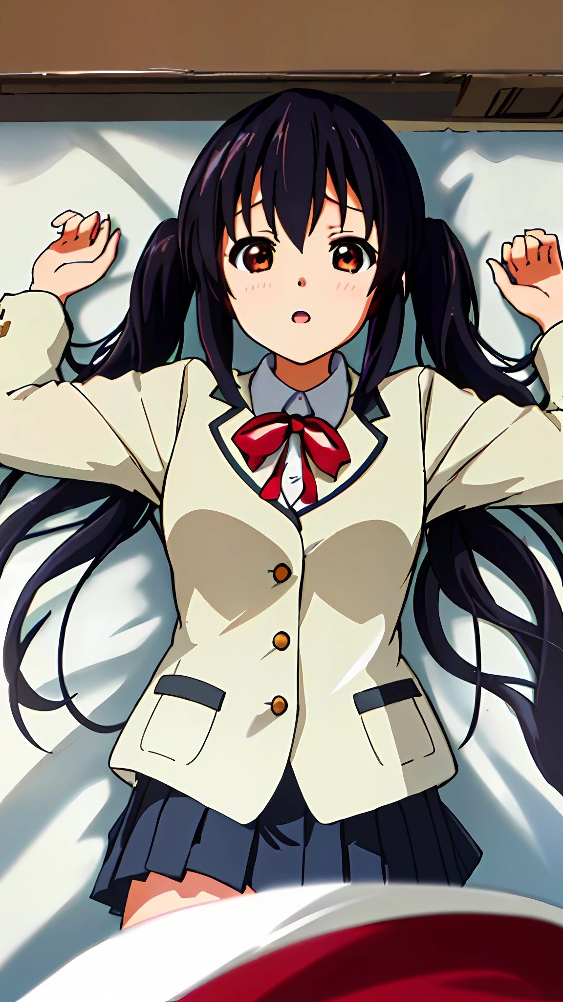 1girl, ((((Masterpiece))), Best Quality, Best Quality, High Detail, Azusa Nakano, 1girl, Sakuragaoka High School Uniform, Musical Instrument, School Uniform, Twin Tails, Long Hair, Black Hair, Brown Eyes, Solo, Red, Dark blue blazer with a thin ribbon of red, Solid white button shirt under blazer, Illustration, Cartoon, Soothing tones, Muted colors, Soft cinematic light, Adobe Lightroom, Photo Lab, HDR, complex and highly detailed, (((depth of field))))). (((Masterpiece))). (((highest quality))).) ((super detail))). (((Illustration))). (((Outside))). (((fighting stance))).,(((Lying down))).dynamic focus.small breasts.. (((Face of sadness))). Open mouth.Close your eyes.Spread your arms.Ground.Lie on your back.