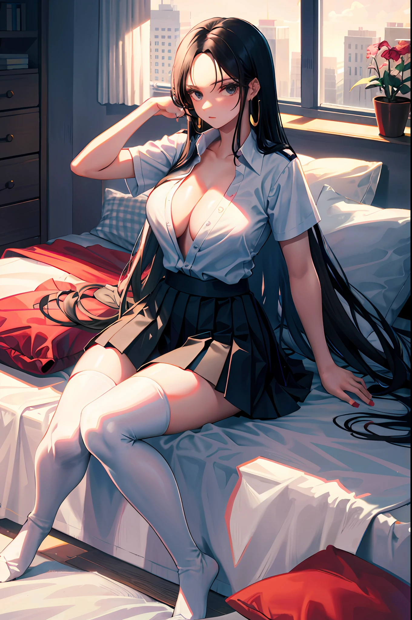 Boa hancock, 1girl, solo, ((white shirt)), black thighhighs, breasts, cleavage, uniform, office background, black skirt, pleated skirt, office, hair between eyes, large breasts, long hair, looking at viewer, black hair, red short nails, black eyes, solo, thighhighs, thighs, very long hair, ((masterpiece)), bed, bedroom, window, pillow, sitting, name tag, id tag, indoor, golden earing, short sleeve, office shirt top,