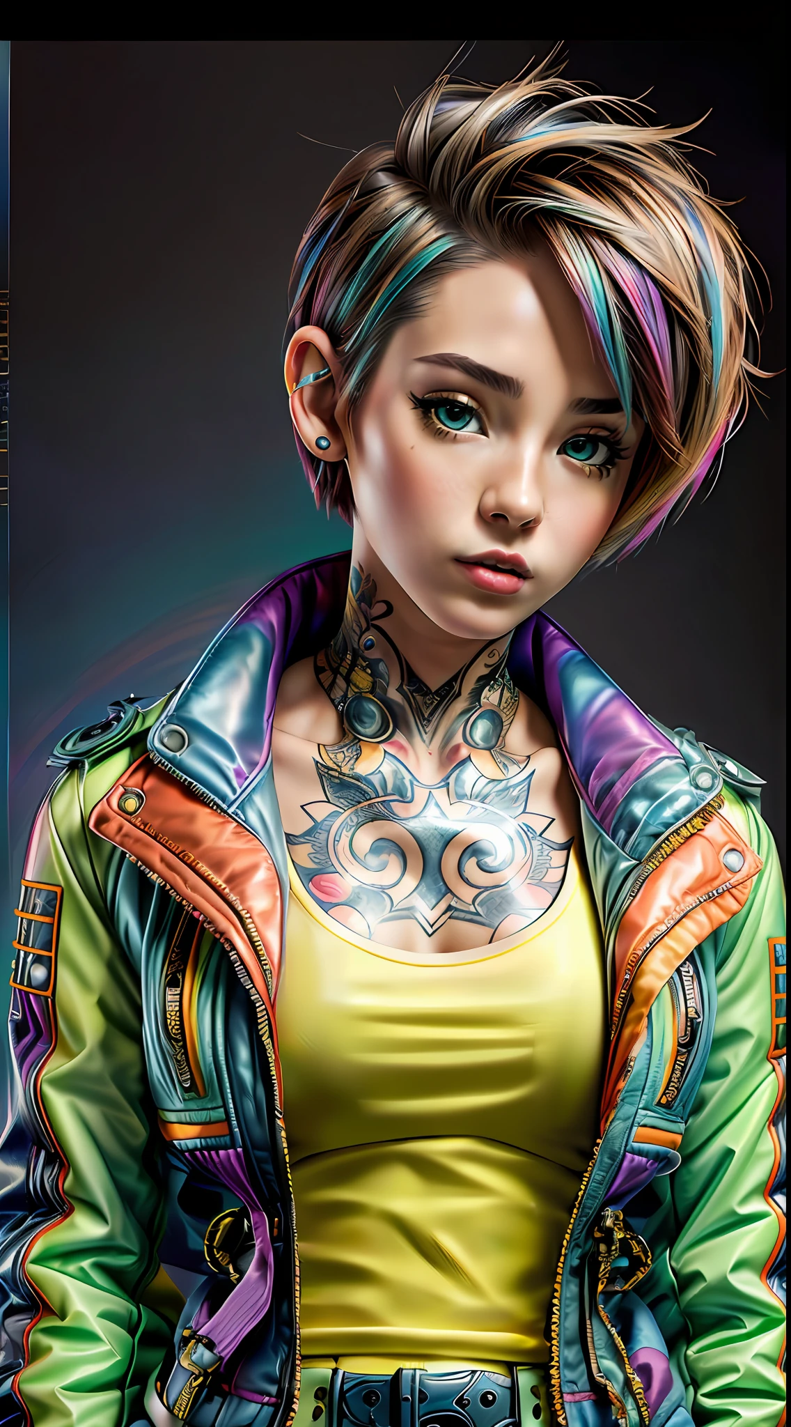 realistic,photo,35mm,cinematic(1woman with super puffer balenciaga jacket with short hair,neck tattoos)colorful background graphite,ultra sharp