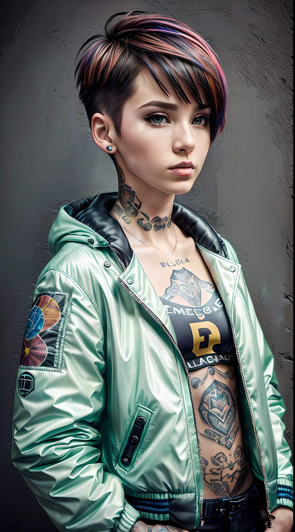 realistic,photo,35mm,cinematic(1woman with super puffer balenciaga jacket with short hair,neck tattoos)colorful background graphite,ultra sharp