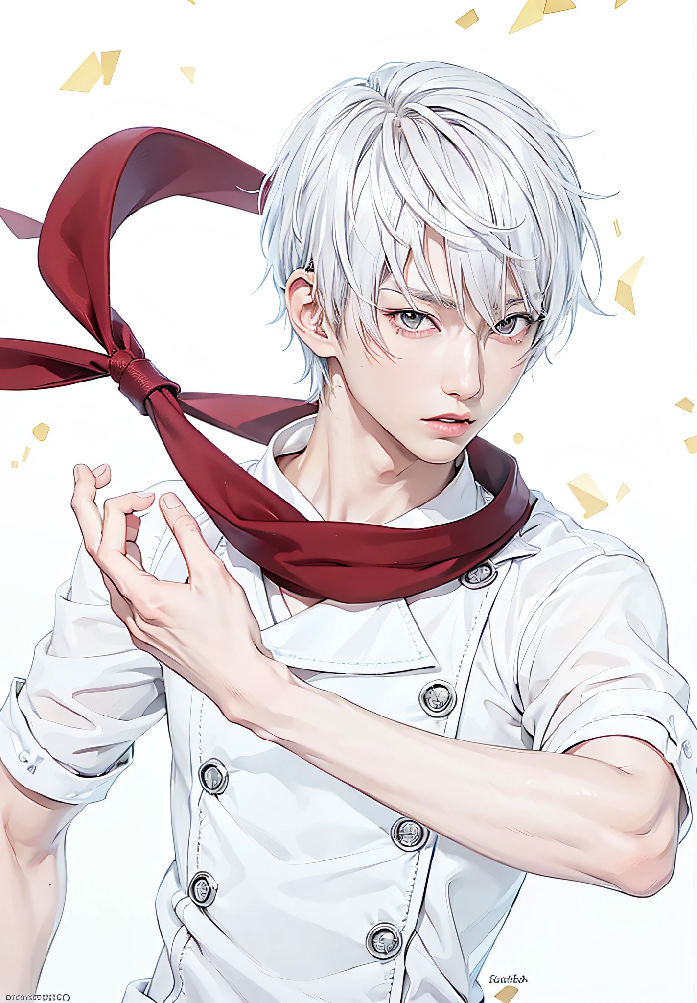 Takeshi Obata, a handsome 28 year old guy, bishounen, ikemen,1boy,white hair, semi realistic anime,masterpiece,white shirt,red tie,(((looking at something off-camera))),