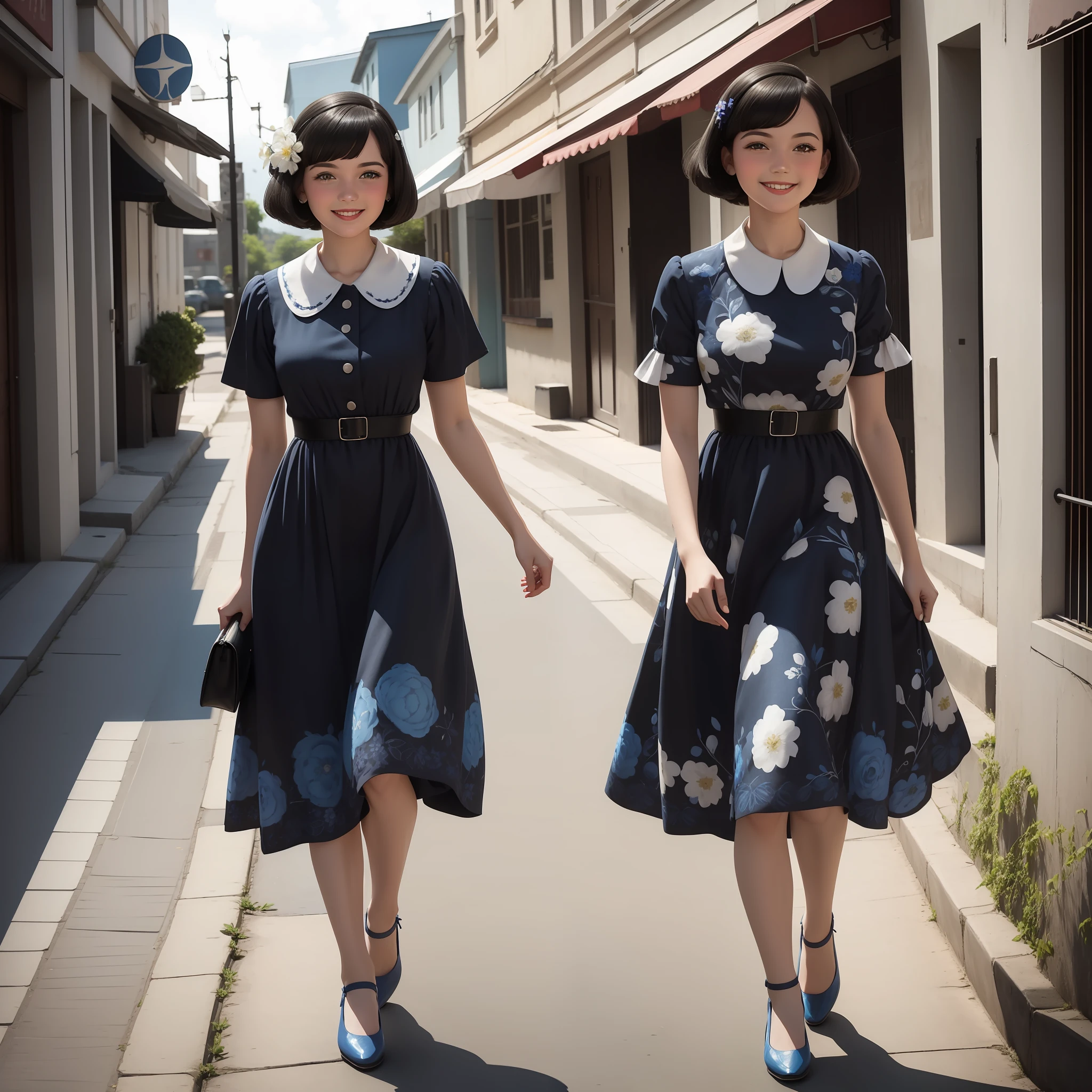 White Caucasian girl, bobcut hair, black hair, 1940s blue dress with flower patterns, walking down the street, smiling to the camera