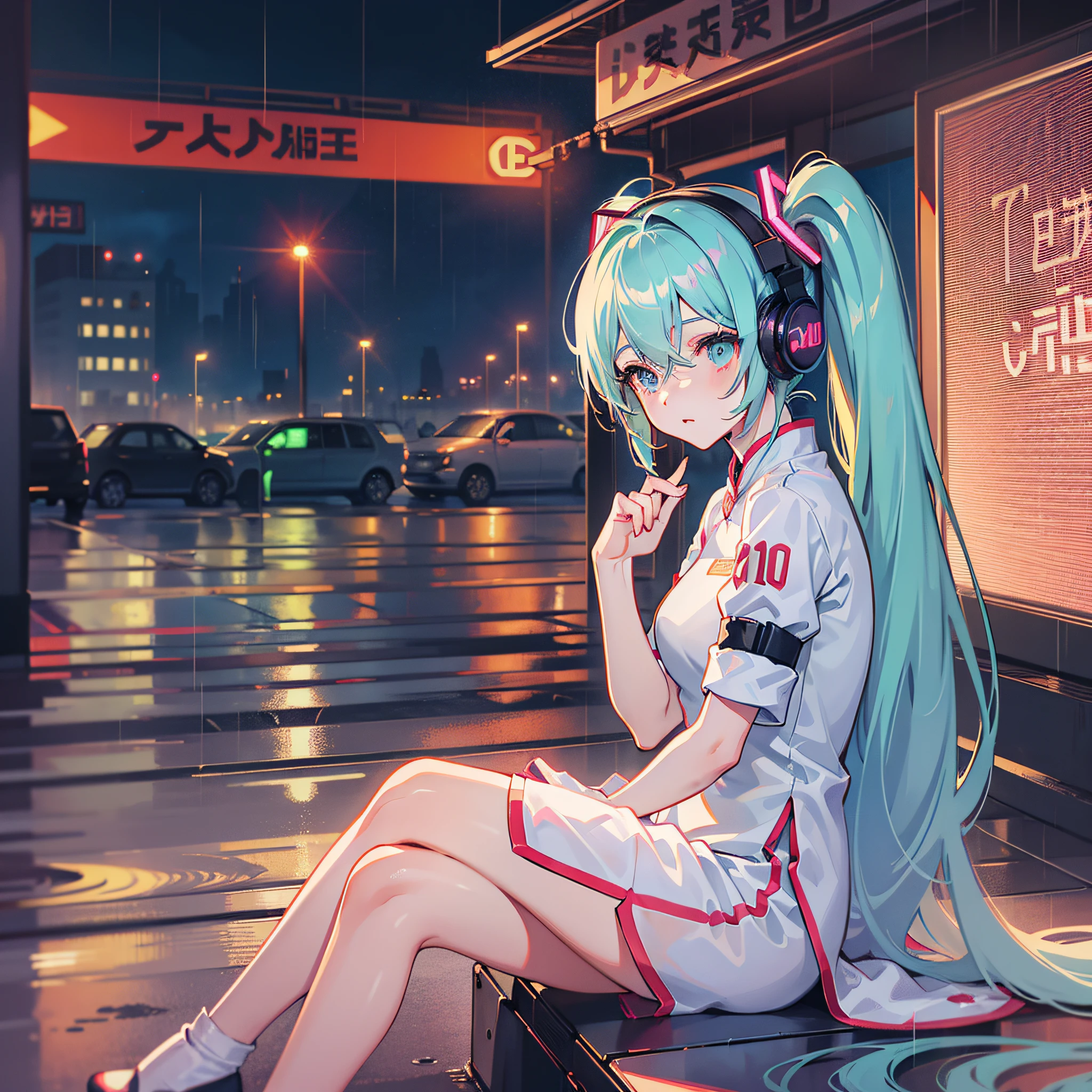 【Prompt】 (highest quality), HD, super detailed picture, excellent aesthetics, (1 female), (white headphones + music: 1.2), Hatsune Miku, full body, (shabby wind + qipao: 1.1 + sitting position: 0.9 + half detachment: 1.1 + light and shadow: 1.2), (blur in the background + focus: 1.3 + hip: 1.1), (background Detroit night scene: 0.8 + night: 1.1 + sunrise and sunset: 0.9), (neon + fireworks: 1.2 + sunset: 1.1 + rainy days: 0.9), (Nightclub + Street: 1.2 + City: 1.1 + Factory: 0.9)