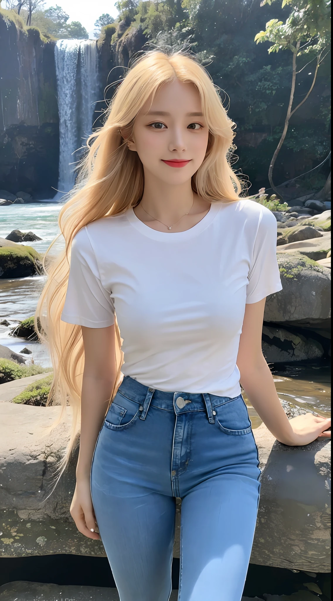 Girl around 20 years old, simple, extremely beautiful and delicate, (light makeup), (yellow hair), sweet smile, delicate and beautiful fair skin, realistic and realistic, delicate and complete facial features, detailed facial portrayal, high nose bridge, red lips, beautiful gentle beautiful girl, flowing smooth hair, extremely delicate hair, soft temperament, face light, surreal, realistic, 8K picture quality, extreme details, realistic details, master works, realistic extreme, body, absolutely beautiful, pure desire, stunning beauty, peerless beauty, Highest image quality, 8k resolution, goddess, smile, fine facial features, hair over the shoulder, brown hair, long thick legs, ((((white t-shirt))), (((blue jeans))), sunshine, facing the camera, well-proportioned and firm figure, gentle eyes, exposed thighs, standing posture, standing next to the waterfall, full body photo