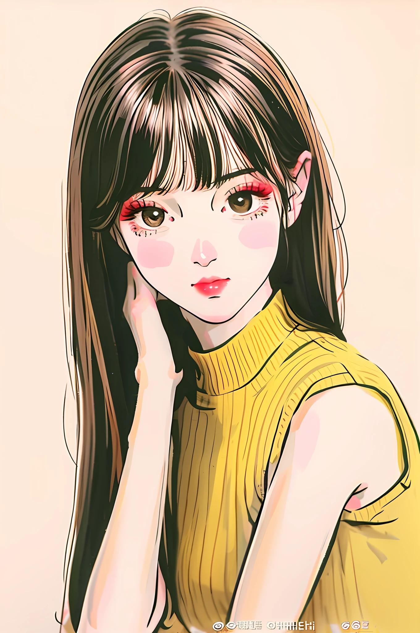 Best quality, 1girl, Bangs,Chest up, black hair, chch style, simple background, beautiful and striking eyes, perfect face, big eyes, long lashes, brown eyes, top of head, hands on face, watch viewer, yellow-green turtle sleeveless knit top, solo,