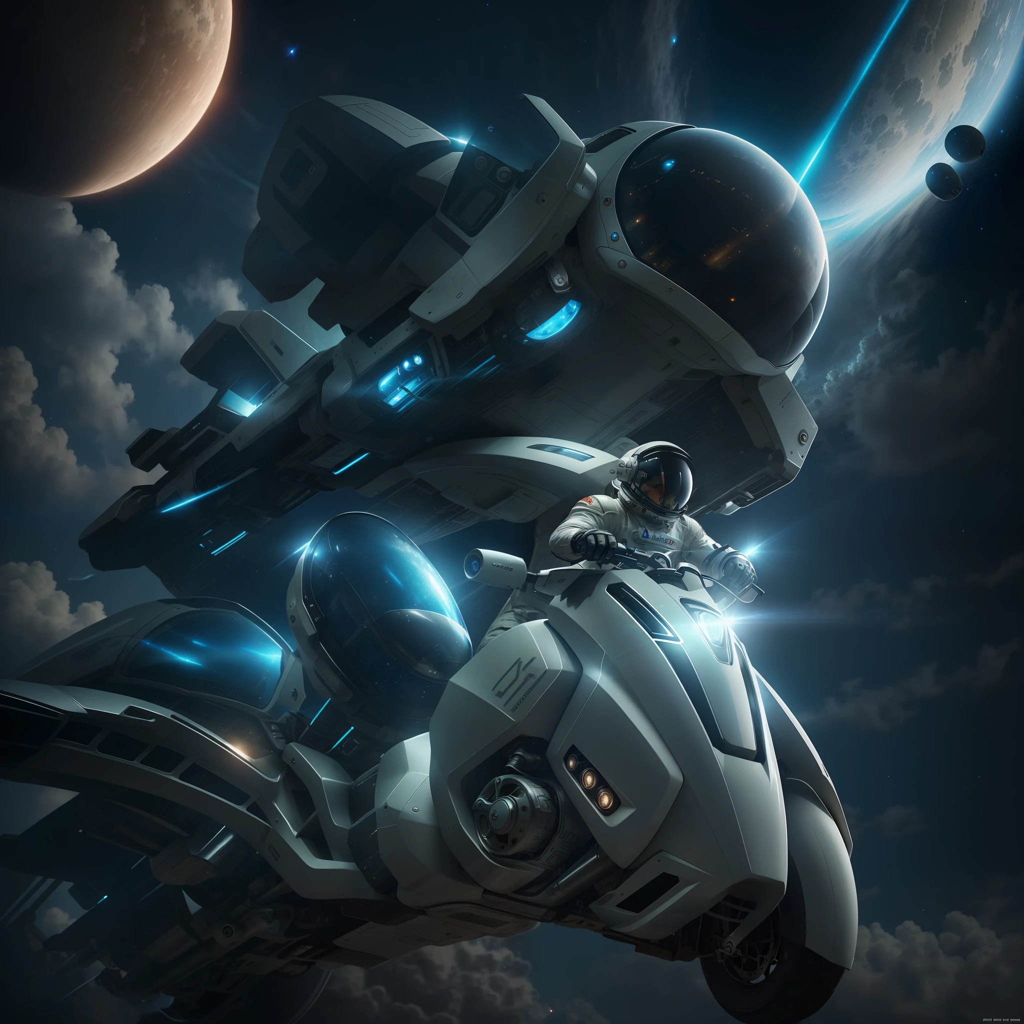 (A cinematic shot of an ultra-realistic futuristic astronaut riding a futuristic motorcycle in space), ultra-detailed, photo-realistic, high resolution, dynamic framing, detailed motorcycle design, realistic space background, dramatic lighting.