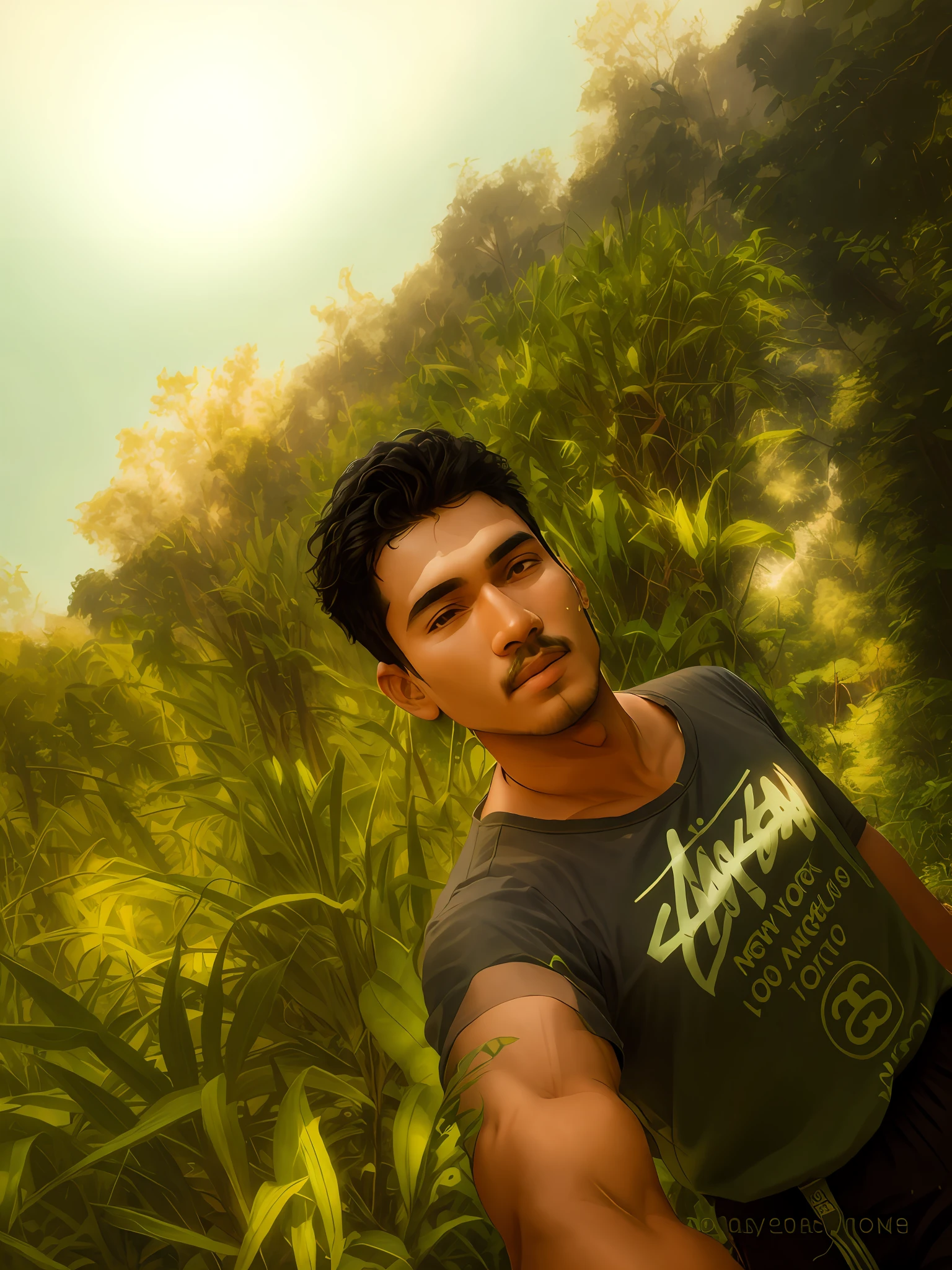 there is a man that is standing in the grass with a frisbee, ayan nag, amidst nature, in jungle, selfie photo, 8k selfie photograph, jayison devadas, vinayak, with village, viral post, in front of a forest background, morning time, scenary, very very high quality picture, photograpgy, selfie!!!!! of a man