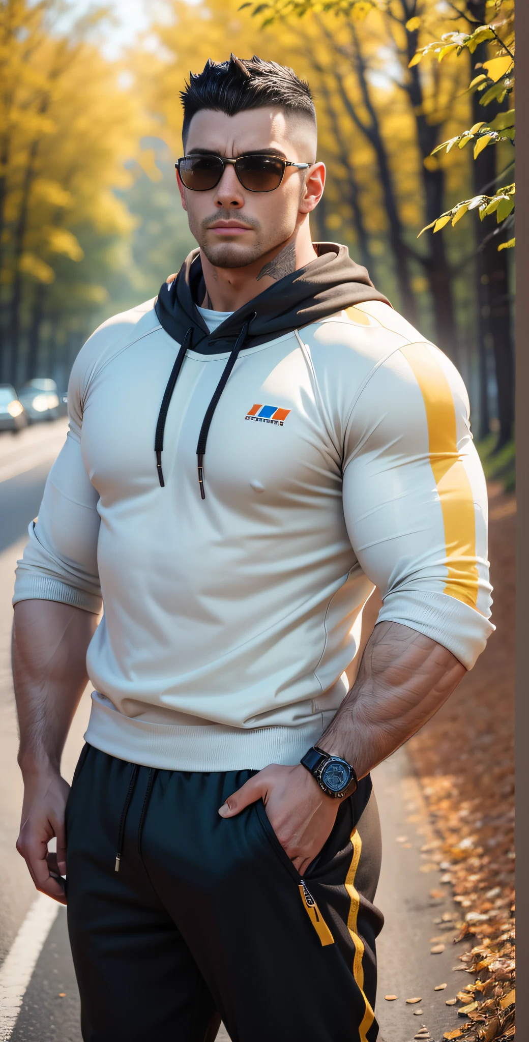 Man in off-white sweatshirt standing in the middle of a sunny highway,American round head,Buzz Cut,National character face,Tall and burly,Muscle male hero,Heroic male pose,very muscular!Wear sunglasses,SKINS brand sports sweatshirt, Black hair,Super buff and cool, commission for high res, Character design: morning runner,sneaker shoes,Attractive strong men,The sun shines through the woods