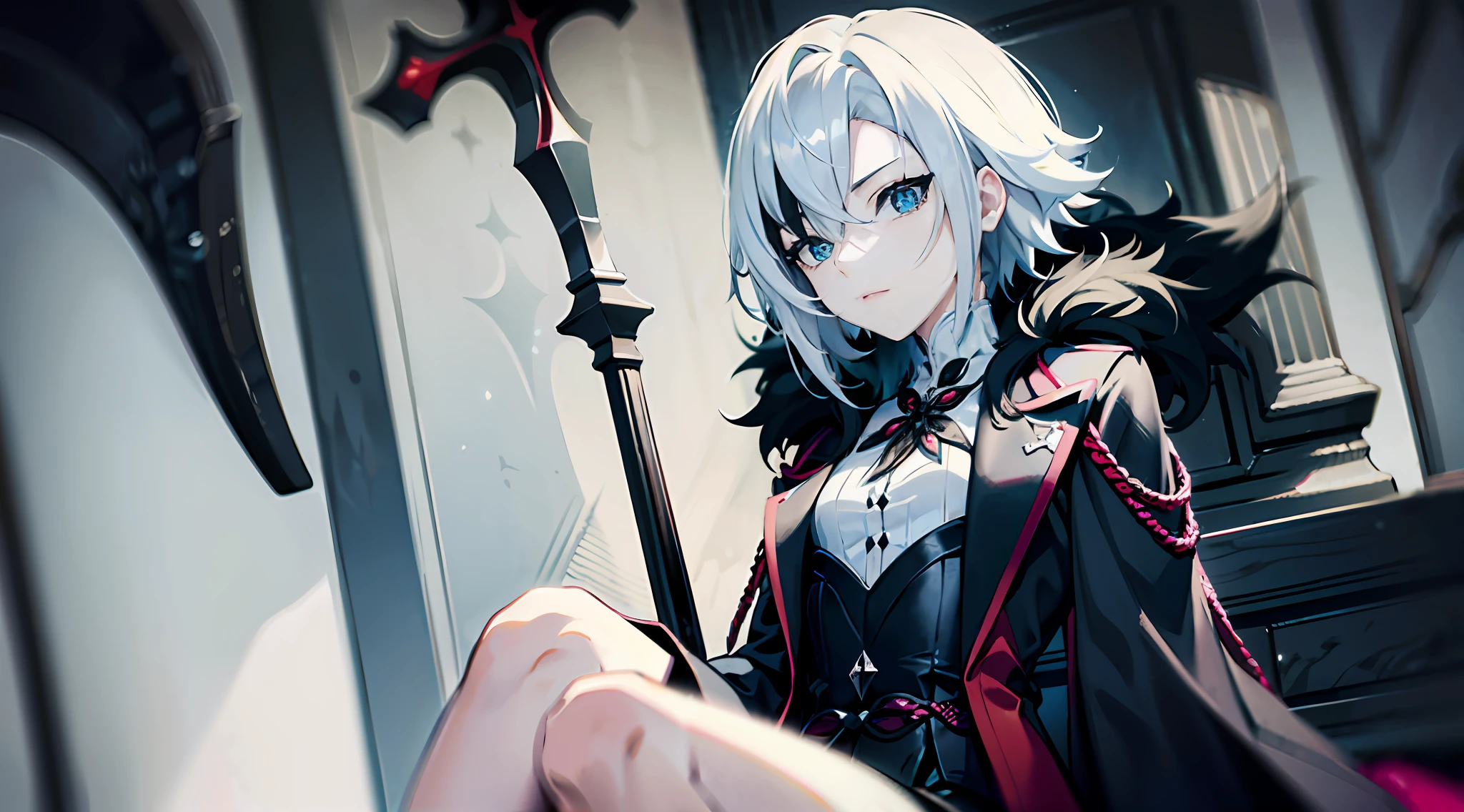 1girl, (solo), ((masterpiece)), (shadow), [slim], (small breasts), (detailed), cinematic lighting, (textured skin), ((sharp focus)), ((very clear)), winter coat, leggings, shoes, palace, (throne:1.2), white hair, black hair, blue eyes, (cross-shaped pupils), adult, fur coat, from below, (sitting), drop shadow, focused, shading, tracing, smooth, pale skin, sharp, (pixiv), ((detailed surroundings)), arlecchino(genshin impact)