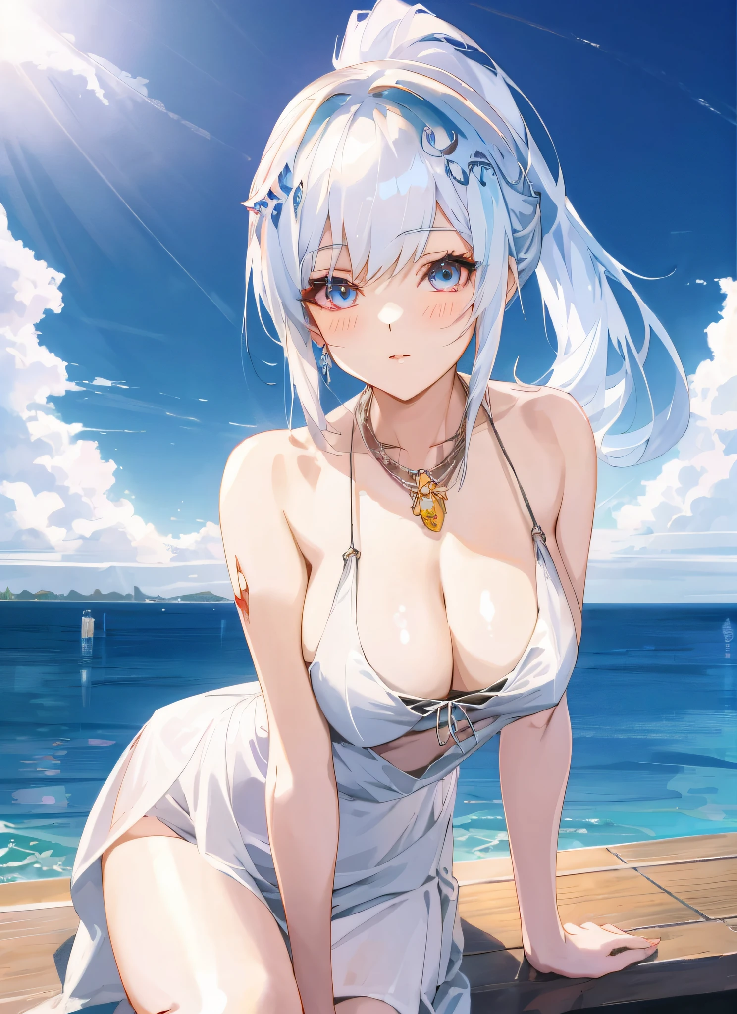 anime girl with white hair and blue eyes posing on a pier, seductive anime girl, beautiful anime girl, wallpaper anime blue water, smooth anime cg art, [ 4 k digital art ]!!, at the sea, azur lane style, anime moe artstyle, beautiful alluring anime woman, beautiful anime woman, pretty anime girl, anime goddess, attractive anime girl