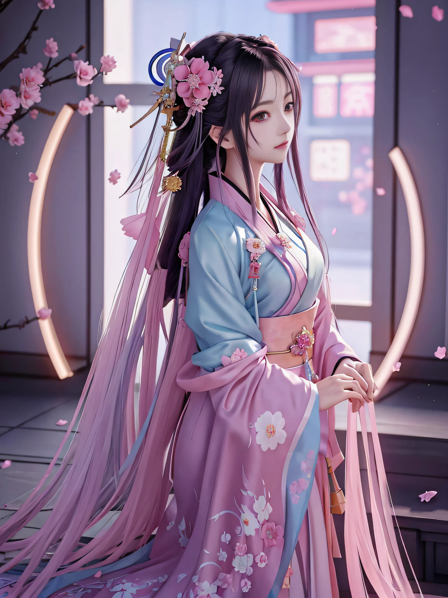 anime girl in a pink dress with a flower in her hair, artwork in the style of guweiz, trending on cgstation, palace ， a girl in hanfu, guweiz, cyberpunk geisha, anime style. 8k, digital anime illustration, anime style 4 k, beautiful digital artwork, very beautiful cyberpunk samurai, 8k high quality detailed art