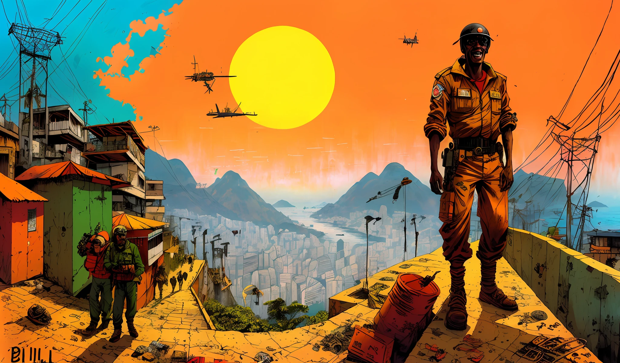 rio de janeiro, beach, favela, wise mad, man on top, crazy, laughing, science fiction, complex scene   futuristic, post-apocalyptic
dark, dim light, dark-scene, orange-scale
(  ink sketch by Enki Bilal)((masterpiece, best quality, )),