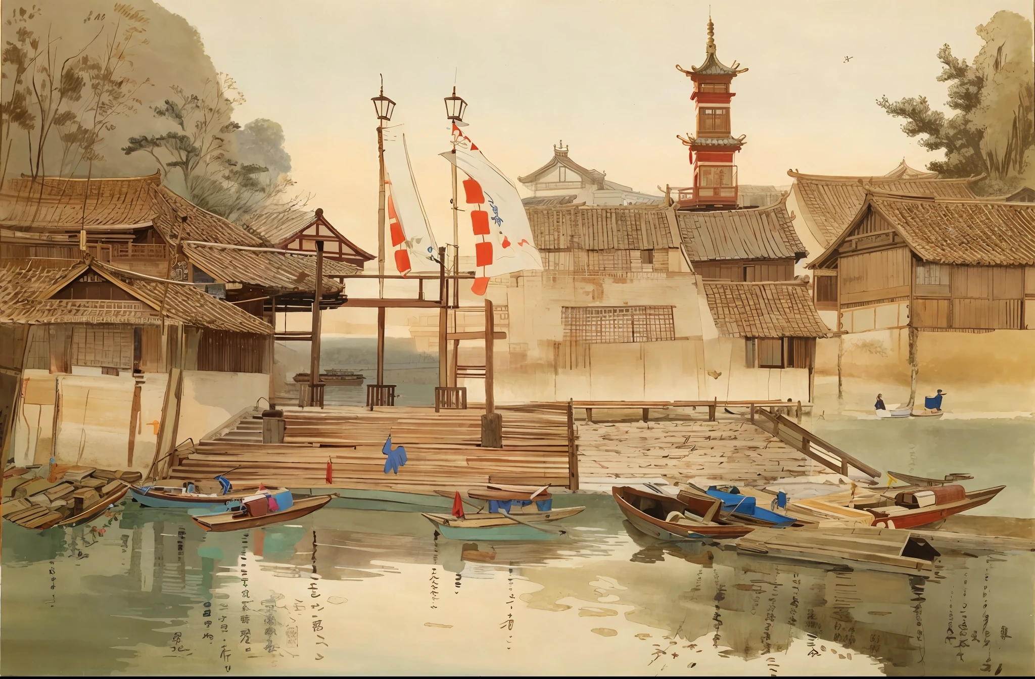 Traditional southern Chinese town, pier, wooden boat, Chinese tower, high flagpole, spring, tree, reflection, clear river clear water