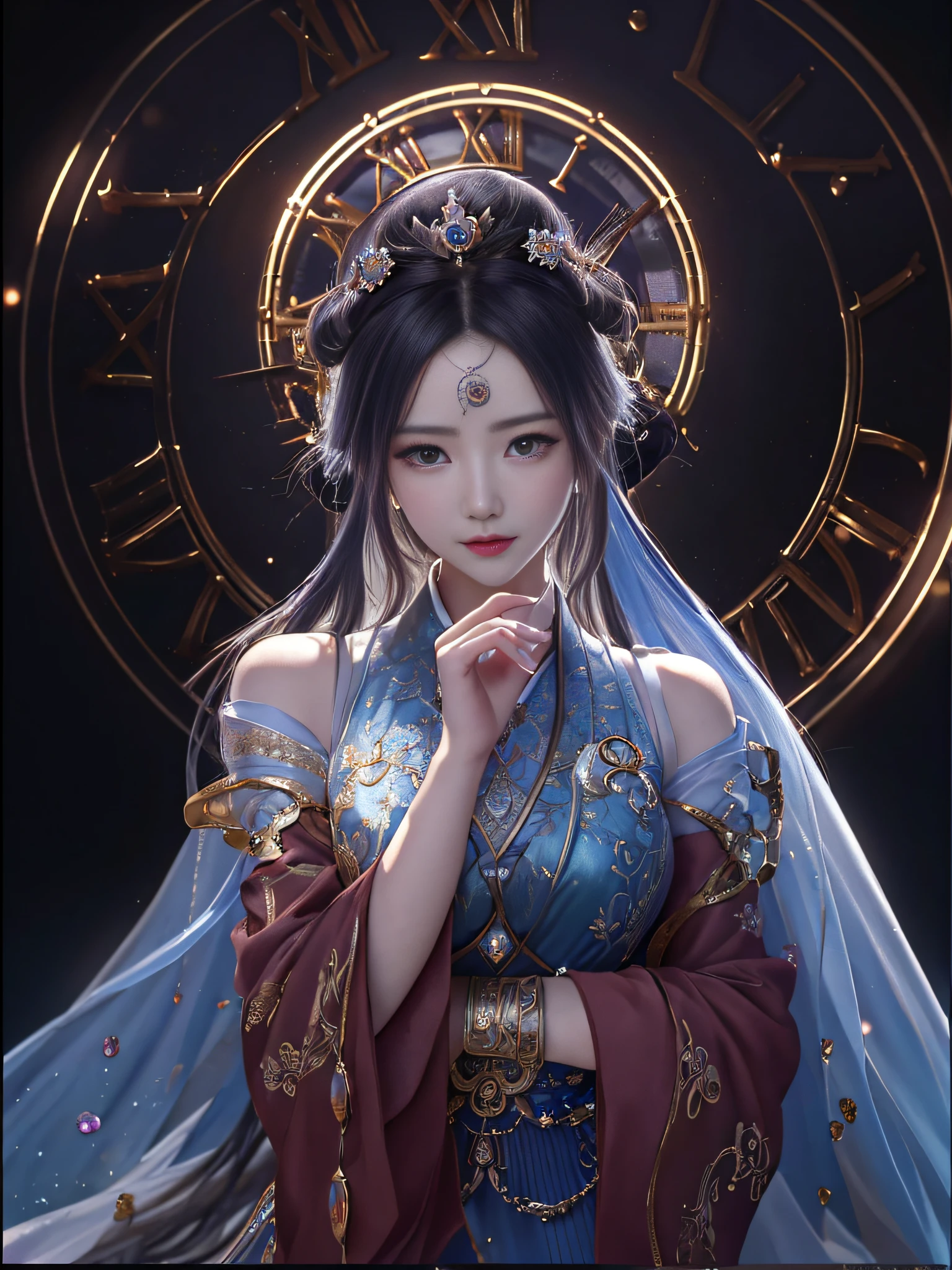 a close up of a woman in a dress with a clock in the background, a beautiful fantasy empress, guweiz, artwork in the style of guweiz, trending on cgstation, ((a beautiful fantasy empress)), goddess of time, intricate ornate anime cgi style, guweiz masterpiece, wlop. 4 k, 8k high quality detailed art