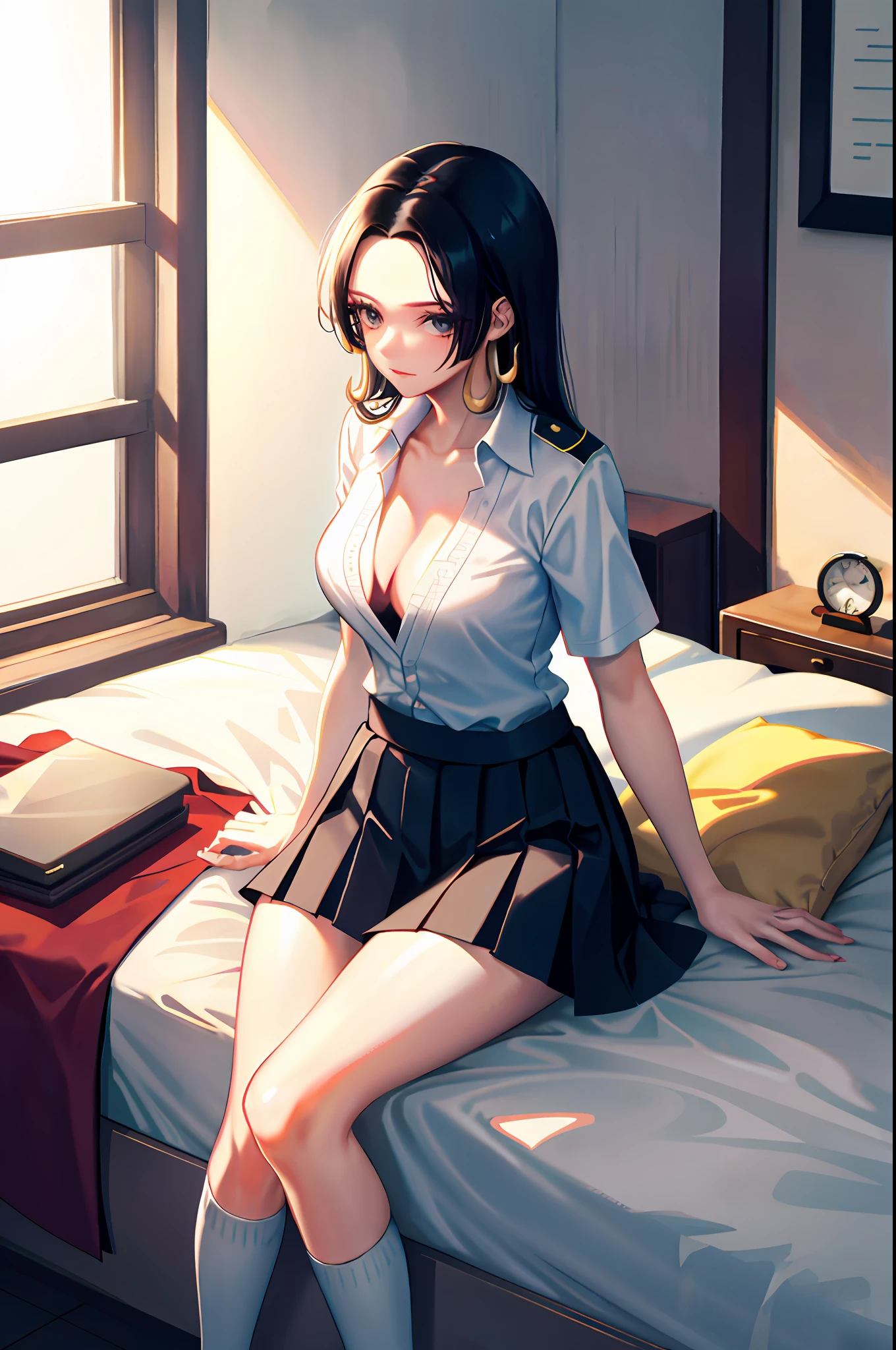 Boa hancock, 1girl, solo, ((white shirt)), black thighhighs, breasts, cleavage, uniform, office background, black skirt, pleated skirt, office, hair between eyes, large breasts, long hair, looking at viewer, black hair, red short nails, black eyes, solo, thighhighs, thighs, very long hair, ((masterpiece)), bed, bedroom, window, pillow, sitting, name tag, id tag, indoor, golden earing, short sleeve, office shirt top,
