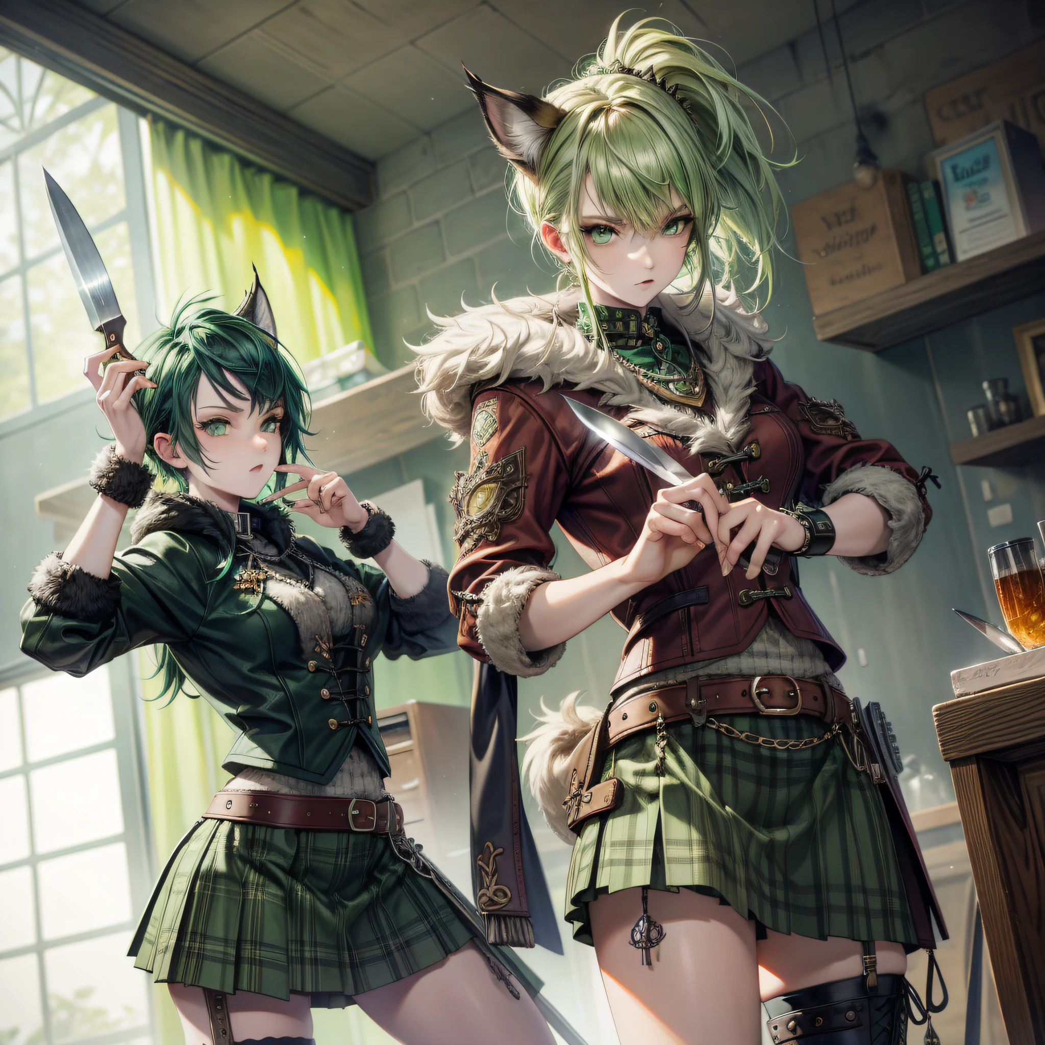 Lynx, lovely spotted fur, vivid green eyes, punk style hair, in Celtic clothing, kilt, sharpening a knife, masterpiece, best quality, ((In Celtic Punk style))