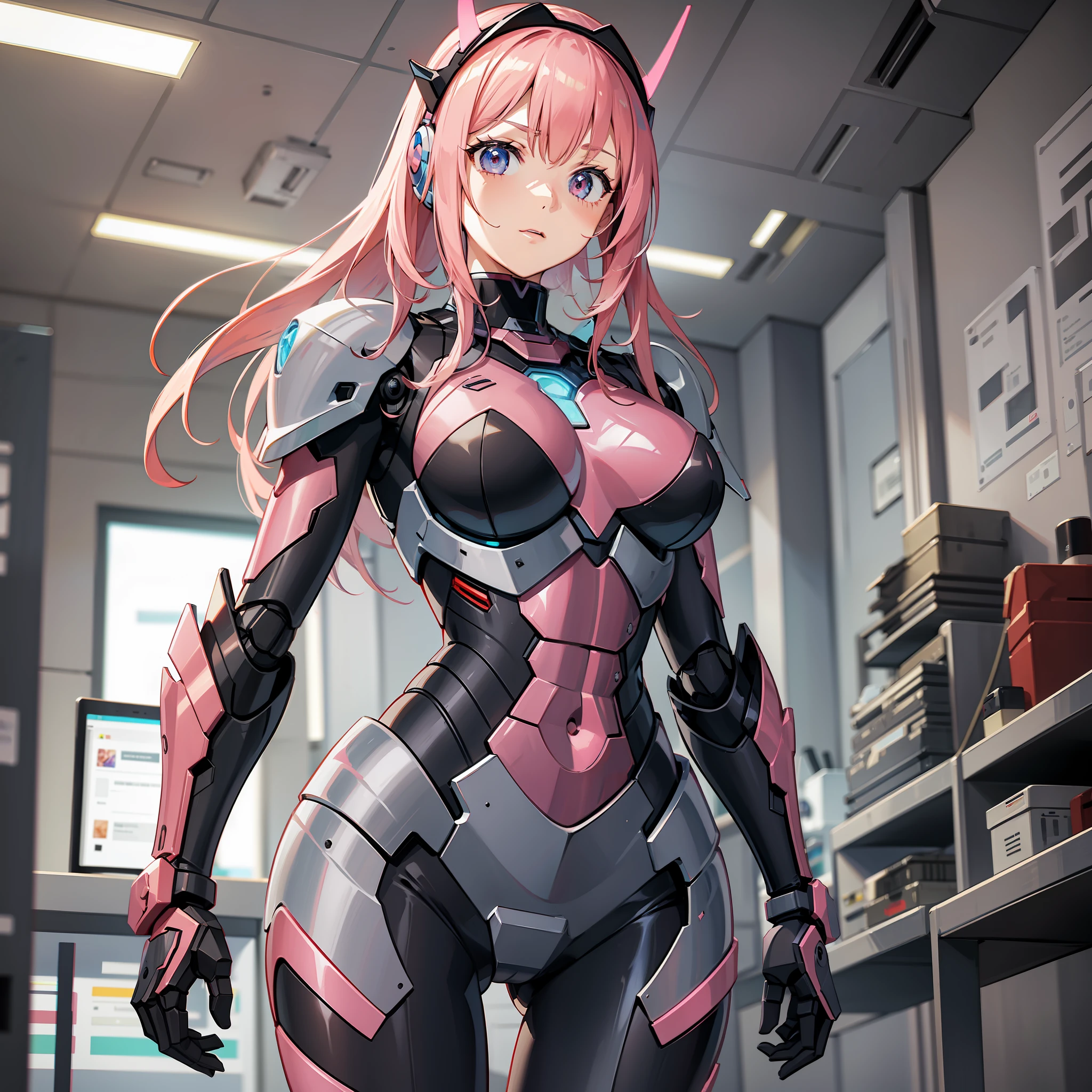 A robotic armor, robot, inside a lab, pink hair, zero two, adult woman, athletic body, iron woman