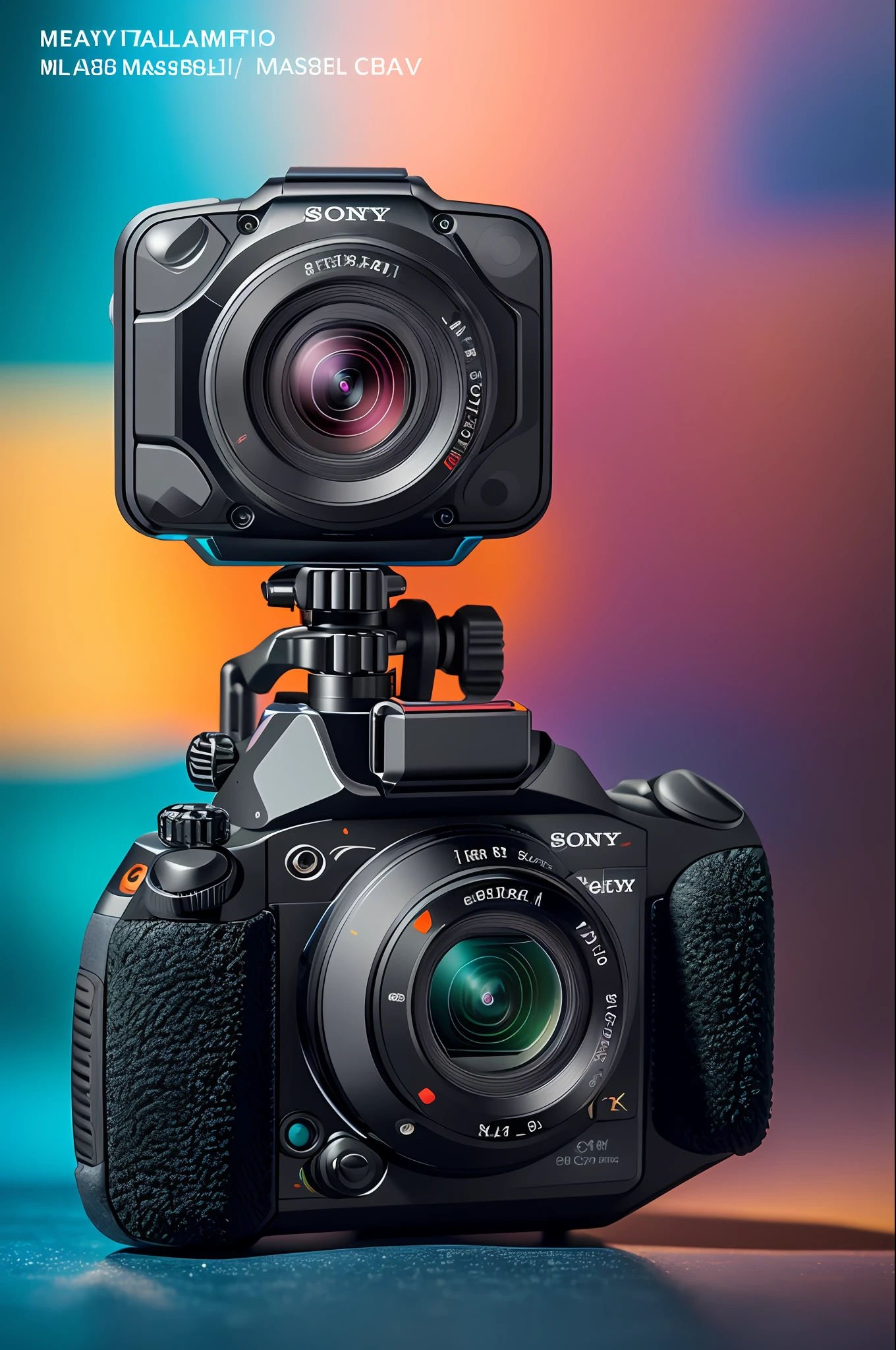 8k high quality, detailed, colorful analog photo, masterpiece, photorealistic, vibrant color film, masterclass, heavy (film grain), futuristic tactical cyberpunk body camera with lens, Sony a7c camera