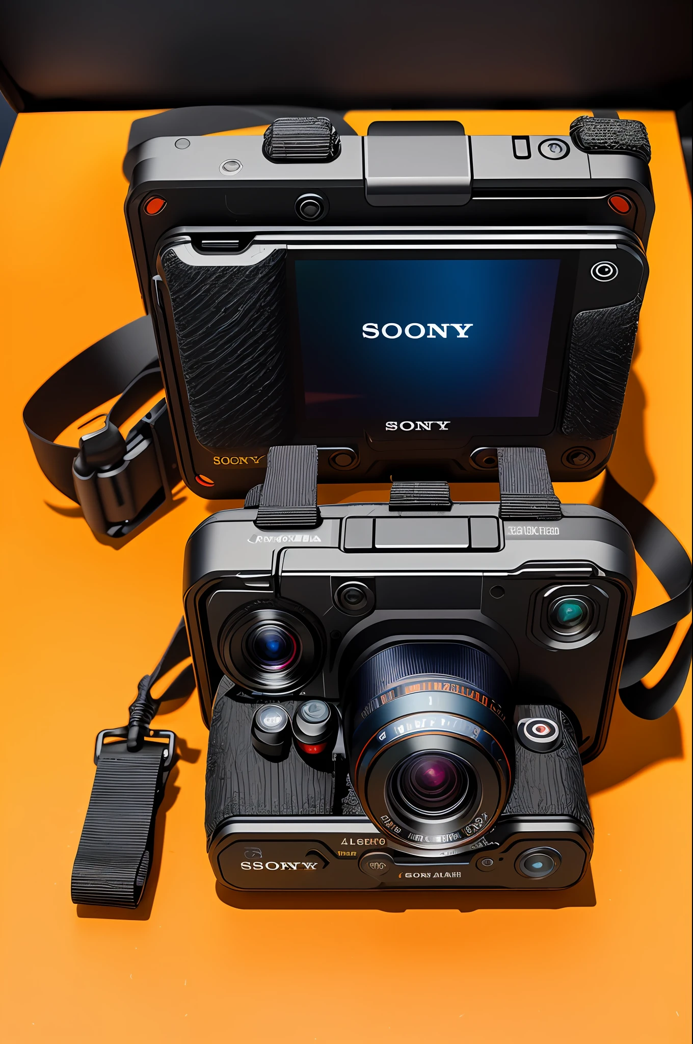 8k high quality, detailed, colorful analog photo, masterpiece, photorealistic, vibrant color film, masterclass, heavy (film grain), futuristic tactical cyberpunk body camera with lens, Sony a7c camera
