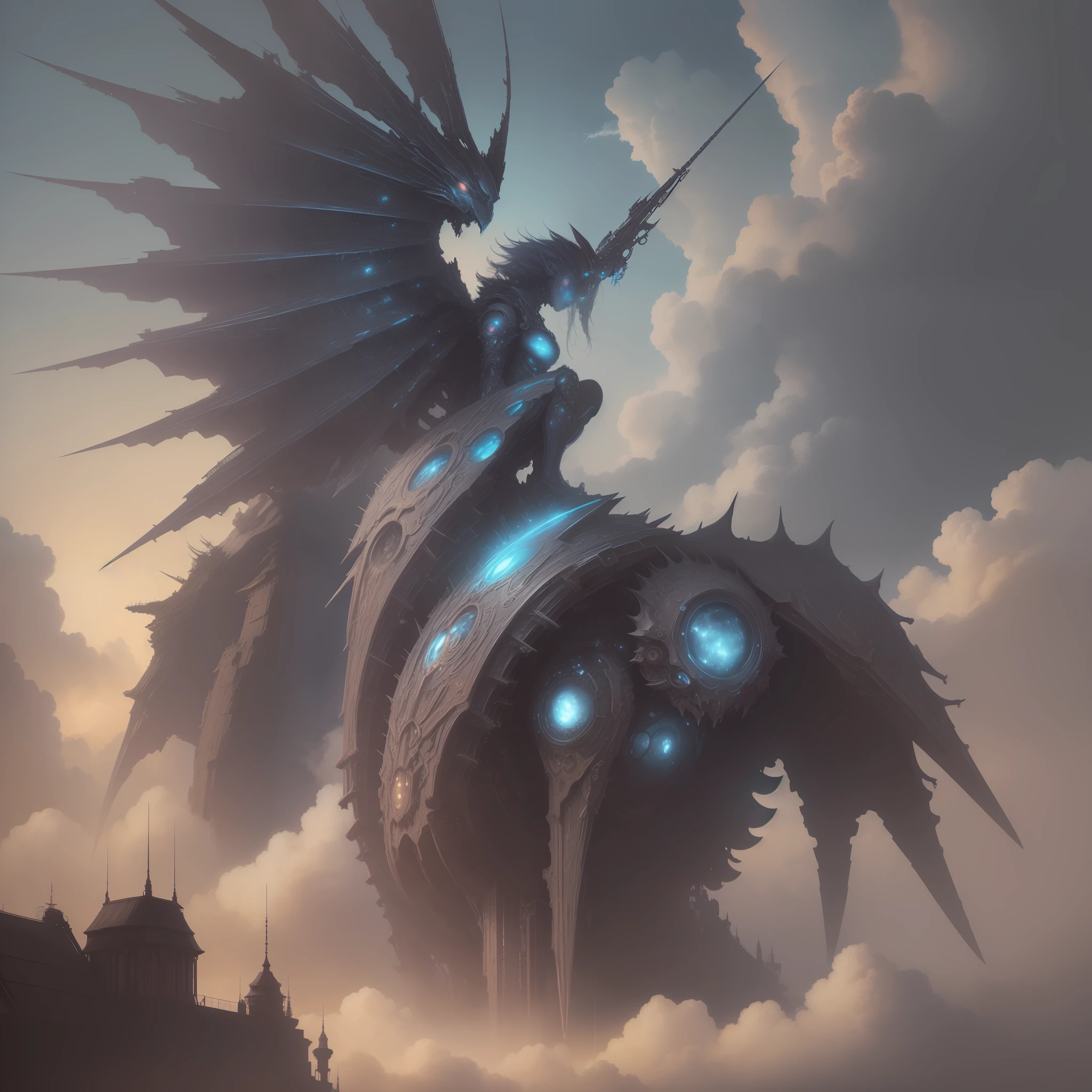 ((best quality)), ((masterpiece)), (detailed), giant mecha, horror beauty, perched on a cloud, (fantasy illustration:1.3), enchanting gaze, otherworldly charm, mystical sky, (Luis Royo:1.2), (Yoshitaka Amano:1.1), moonlit night, soft colors, (detailed cloudscape:1.3), (high-resolution:1.2)