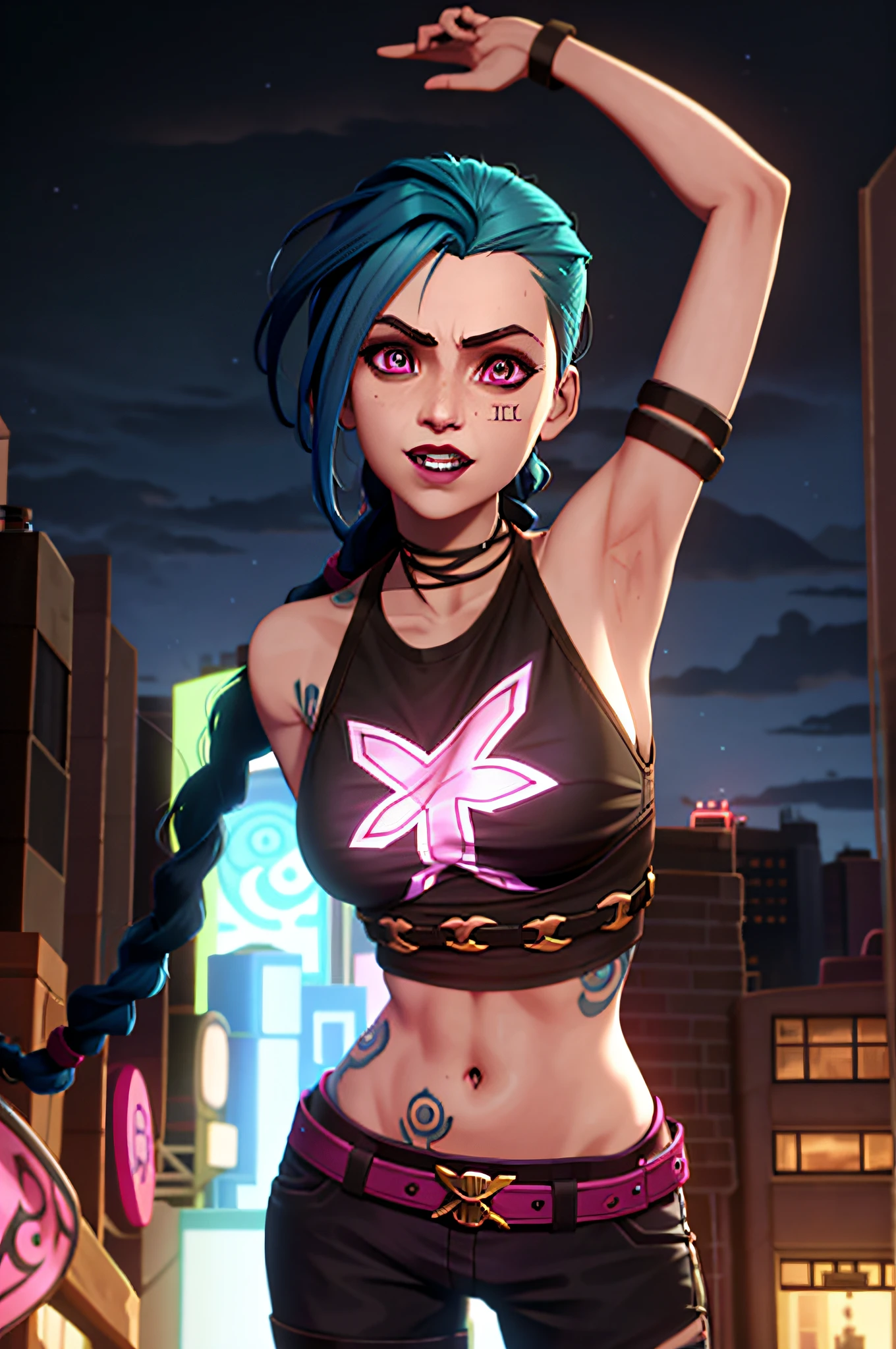 arcane style,
1girl, arm tattoo, asymmetrical bangs, bangs, blue hair, braid, brown shirt, cloud tattoo, looking at viewer, laughing, crazy, uncontrollable laugh, mad look, night, city, green hair, long hair, midriff, pink eyes, red lips, shirt, solo, standing, tattoo, twin braids, upper body, arcane jinx, jinx \(league of legends\)
