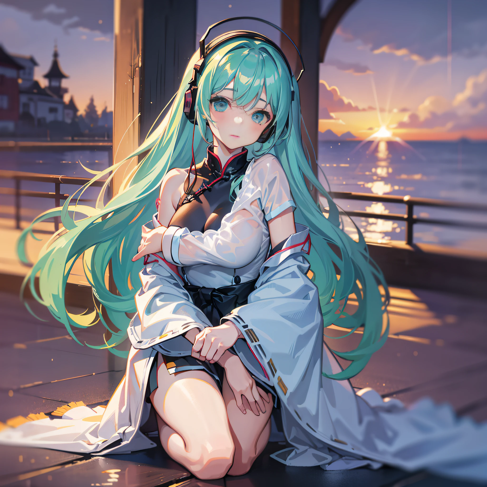 【Prompt】 (highest quality), HD, super detailed picture, excellent beauty, (1 female), (white headphones + music: 1.2), Hatsune Miku, full body, (shabby wind + qipao: 1.1 + kneeling position: 0.9 + half off: 1.1 + light and shadow: 1.2), (blur in the background + focus: 1.3 + hips: 1.1), (seaside: 0.8 + night: 1.1 + sunrise and sunset: 0.9), rain, soaked clothes
