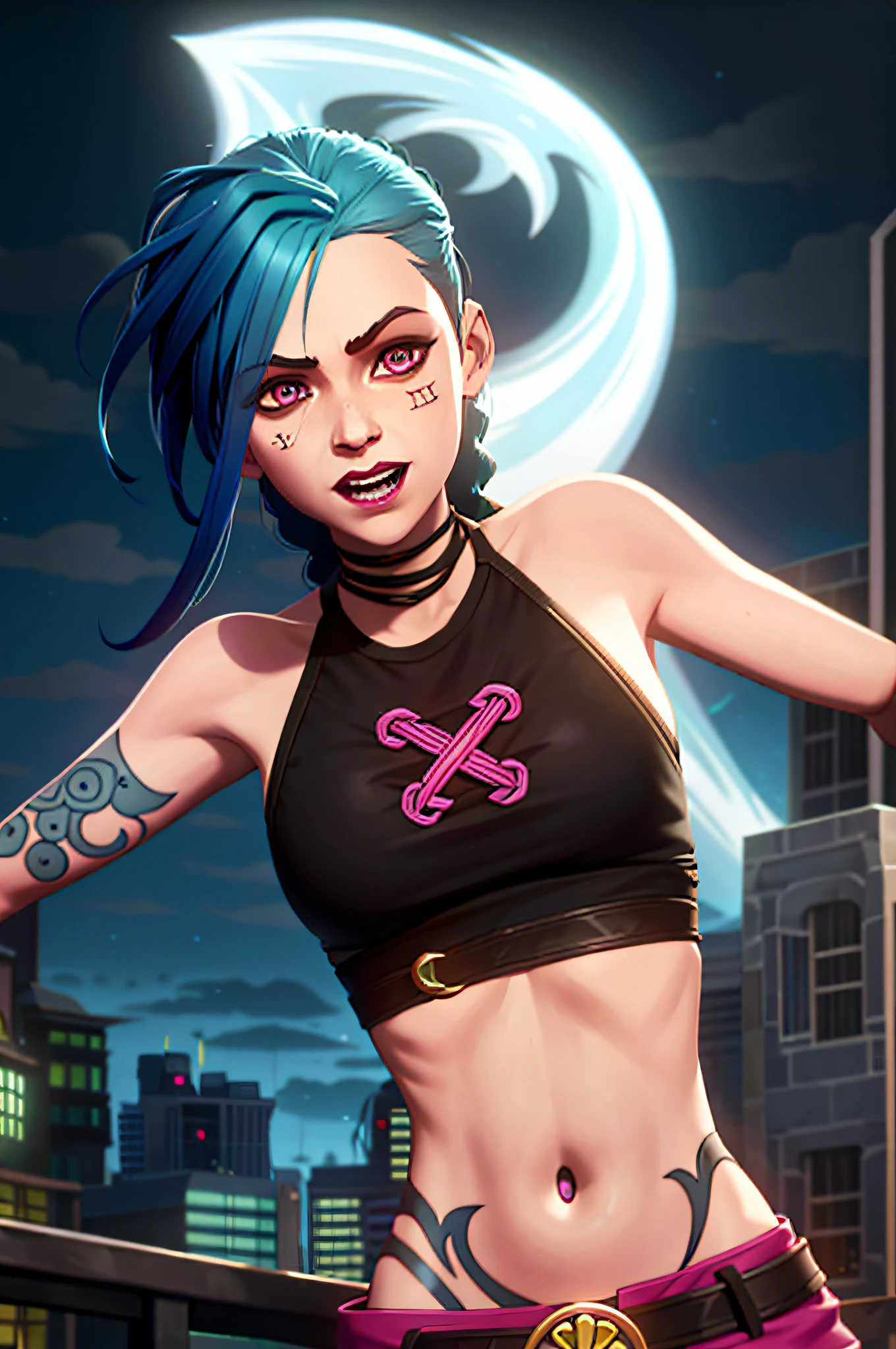 arcane style,
1girl, arm tattoo, asymmetrical bangs, bangs, blue hair, braid, brown shirt, cloud tattoo, looking at viewer, laughing, crazy, uncontrollable laugh, mad look, night, city, green hair, long hair, midriff, pink eyes, red lips, shirt, solo, standing, tattoo, twin braids, upper body, arcane jinx, jinx \(league of legends\)