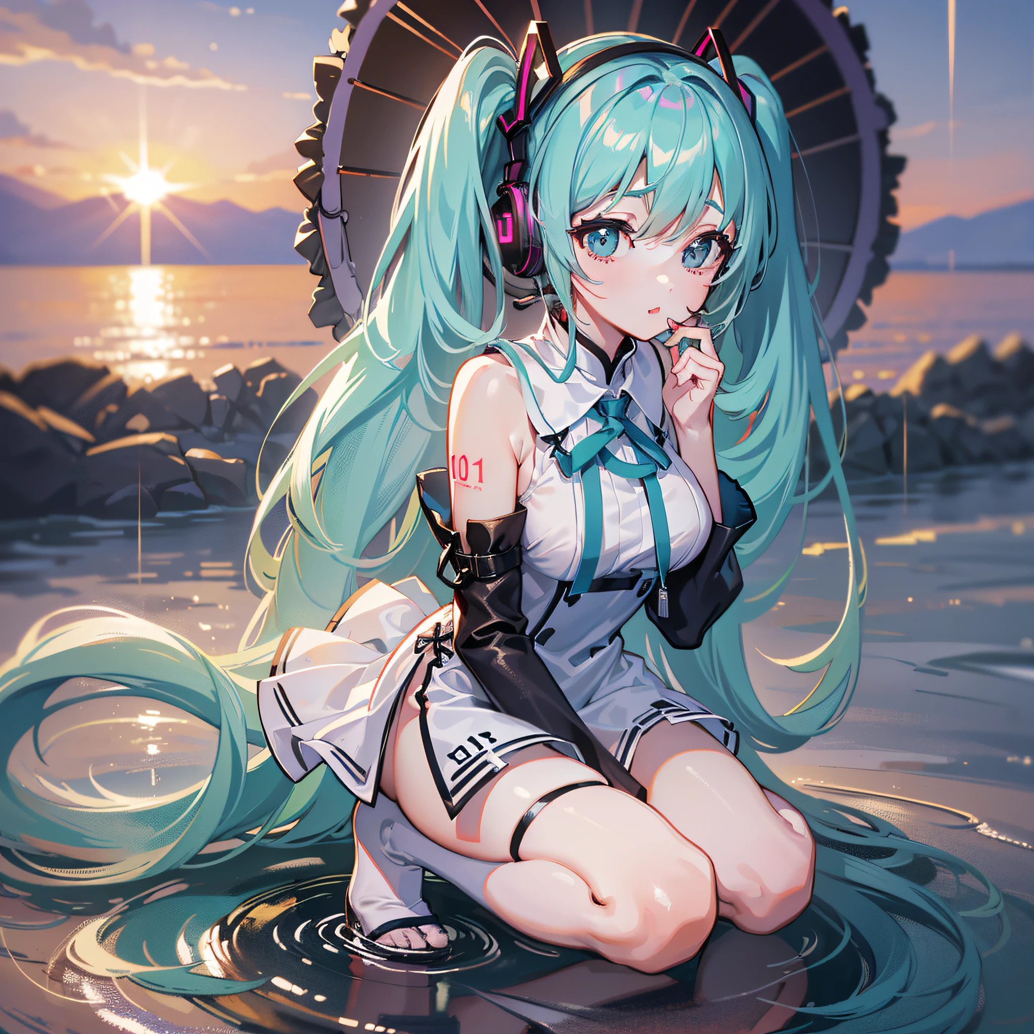 【Prompt】 (highest quality), HD, super detailed picture, excellent beauty, (1 female), (white headphones + music: 1.2), Hatsune Miku, full body, (shabby wind + qipao: 1.1 + kneeling position: 0.9 + half off: 1.1 + light and shadow: 1.2), (blur in the background + focus: 1.3 + hips: 1.1), (seaside: 0.8 + night: 1.1 + sunrise and sunset: 0.9), rain, soaked clothes