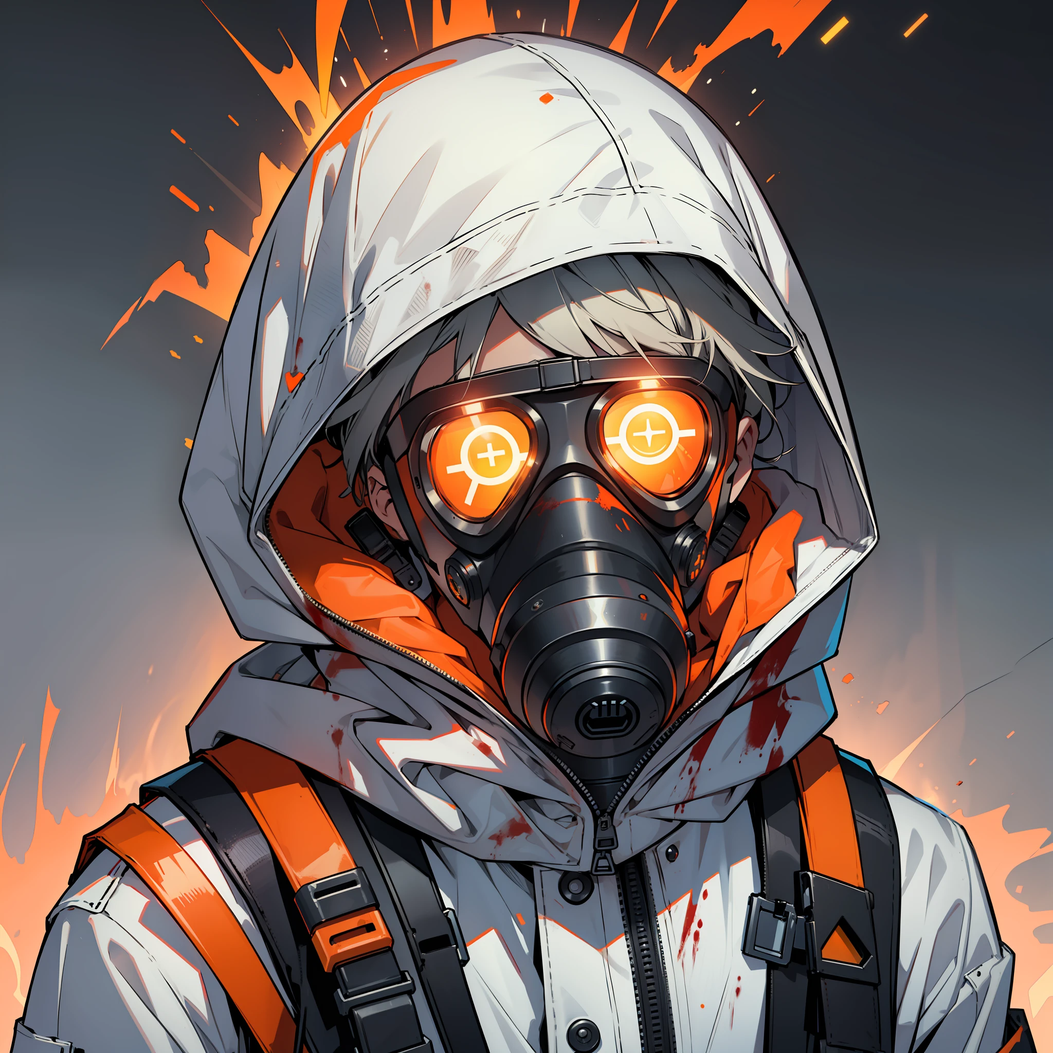 A man with gas mask with neon lights, looking at the viewer, side eye, white hood, gas mask, gas mask orange lights, X-shaped eyes, X-shaped eyes glowing orange, black gloves, white hood, bloodstained clothes, white clothes with blood, white coat, white vest --auto --s2