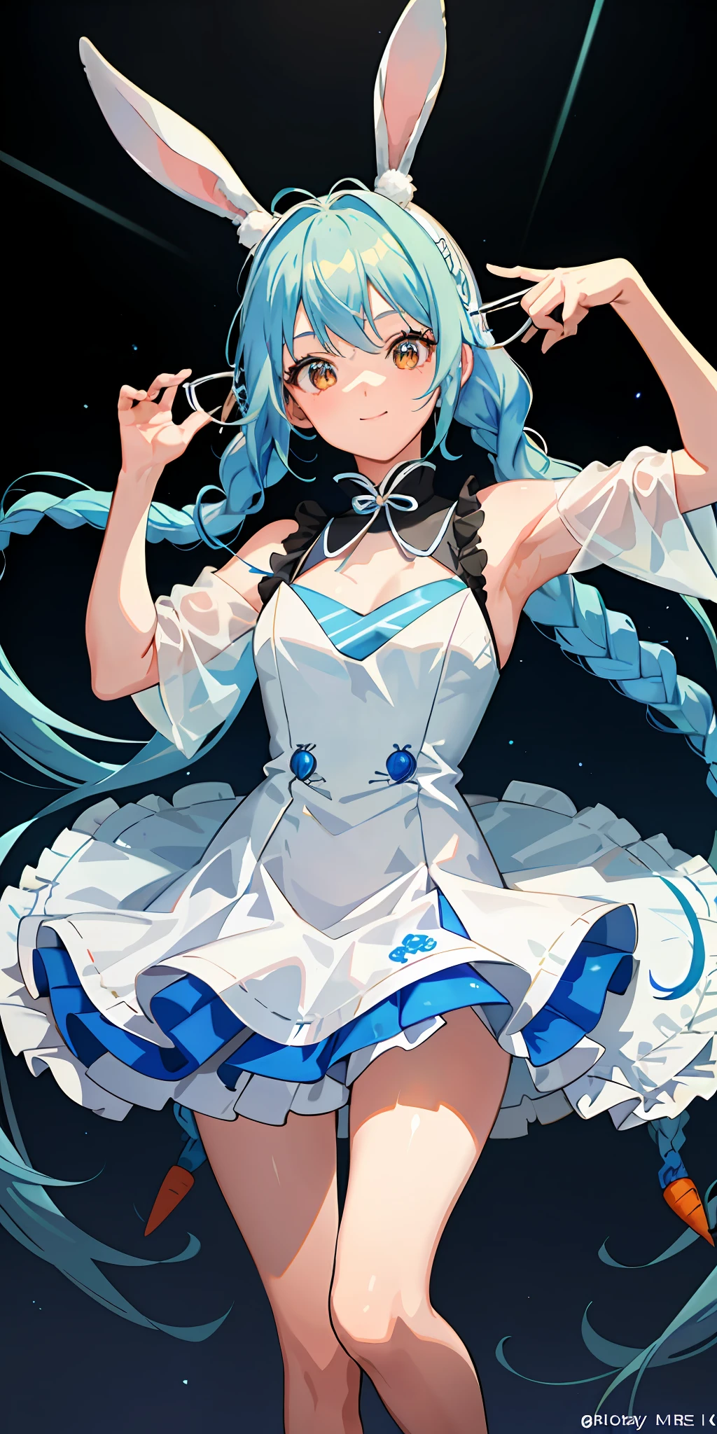 1girl, bright, light blue hair, white mesh, braid, pigtails, long hair, orange eyes, rabbit, carrot, multicolored hair, saleme, head mask, side lights, light particles, wallpaper, big, plump, idol, swimsuit, loose, smiley, gentle, clear, sexy,