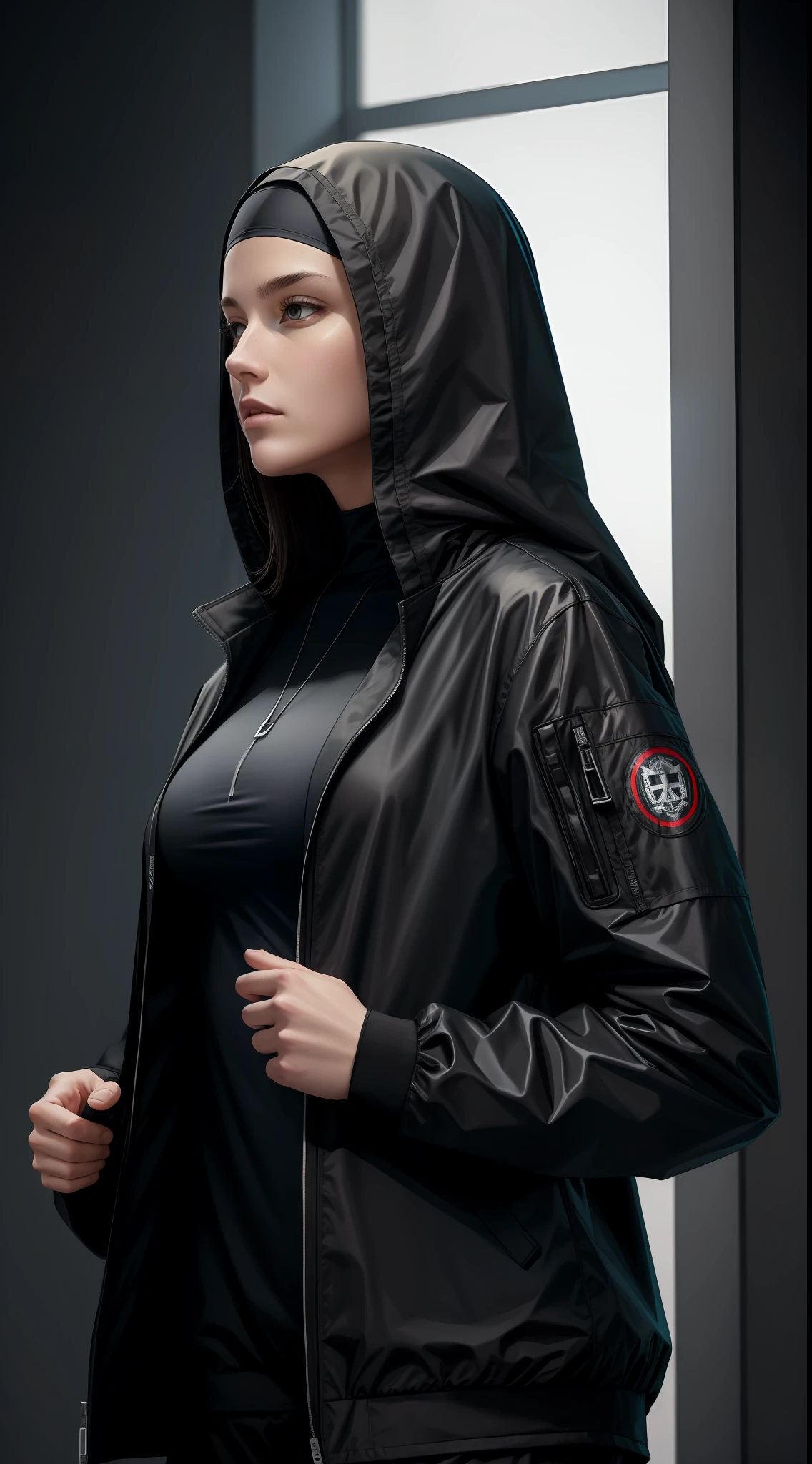 art by nick marinkovich, 1nun with techwear jacket, sexy tech clothes, art by nick marinkovich