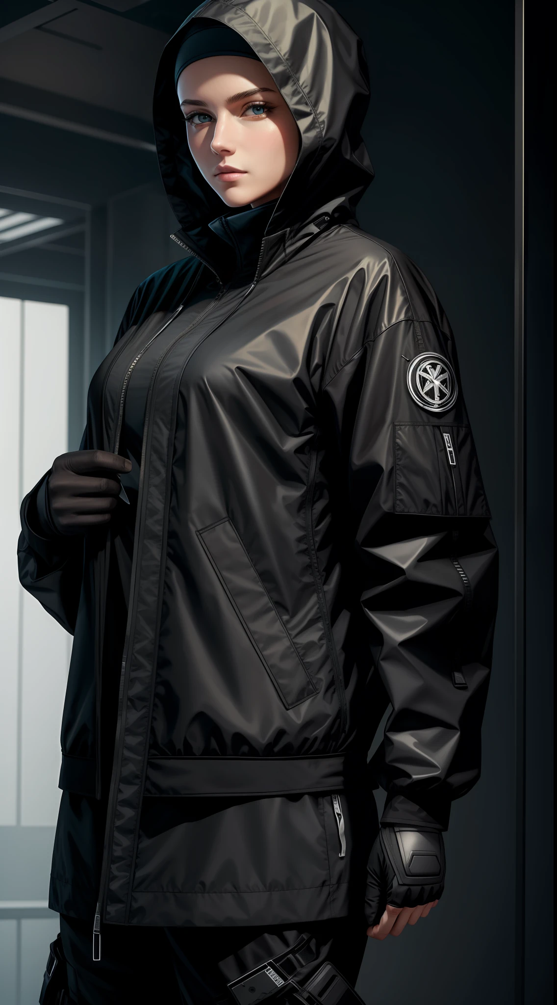 art by nick marinkovich, 1nun with techwear jacket, sexy tech clothes, art by nick marinkovich