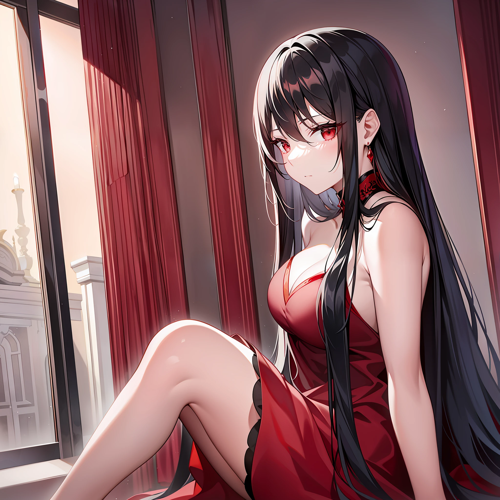 The red-clothed black-haired female emperor sat quietly on the edge of the bed, her hands gently stroking her knees, and she lowered her head shyly. Her long dark hair was scattered on her shoulders, reflecting a delicate and attractive face. Her eyes shone softly, and the corners of her mouth curled slightly seemed to tell some exclusive secret. The long red dress wrapped her slender and charming figure, making people involuntarily fall into infinite reverie. At this time, a faint aroma fills the whole room, making people feel incomparable comfort and tranquility. Quietly looking at the night outside the window, the red-clothed and black-haired female emperor seemed to be thinking about something, perhaps contemplating her inner world, perhaps waiting for something unknowable.