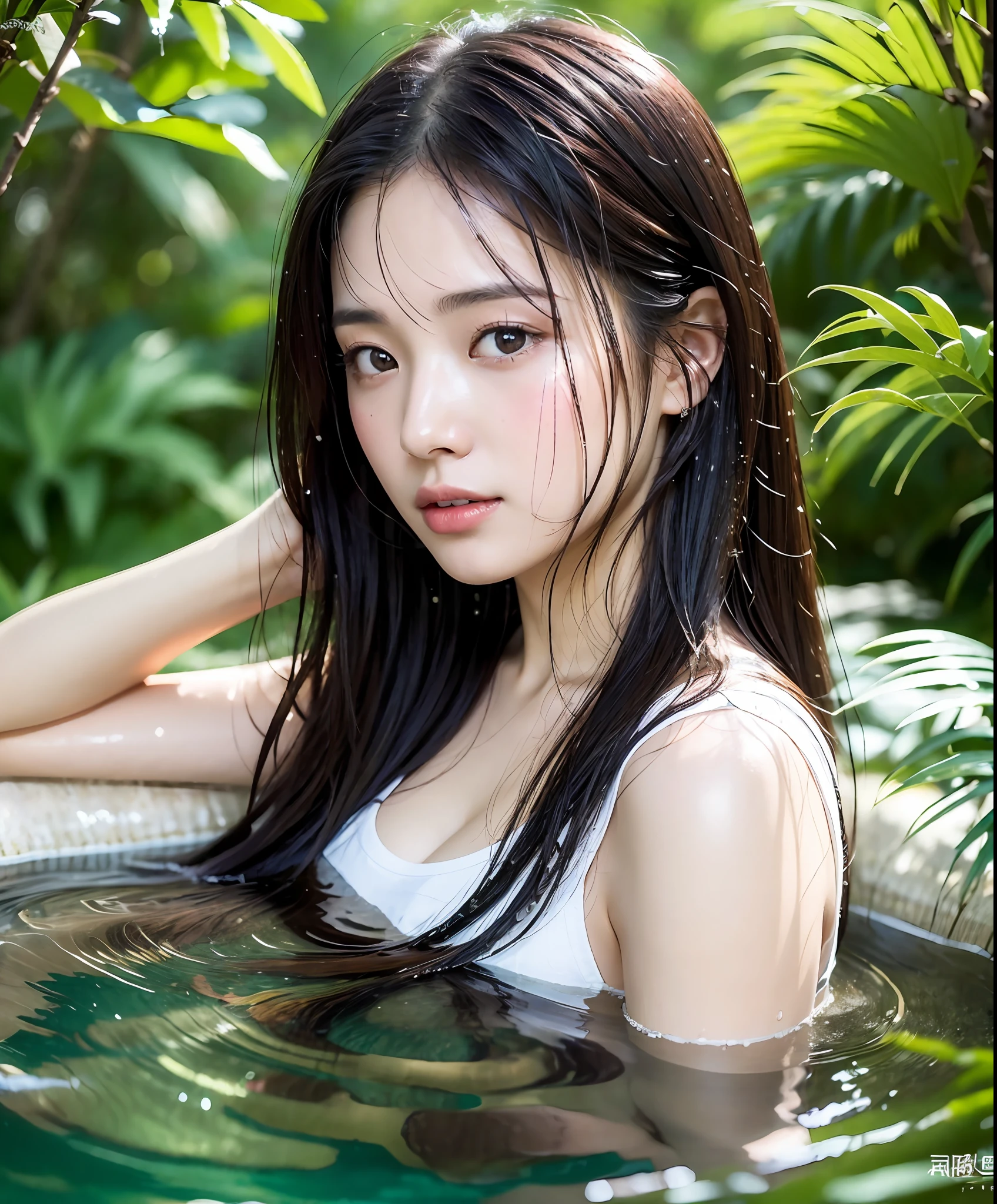 ((top quality, 8k, masterpiece: 1.3)), women (bathing in hot springs), sweating, water droplets on forehead of the face, outdoors, background forest, overhead camera, sharp focus: 1.2, cute women: 1.4, (layered haircut)), (white shirt), very detailed face and skin and hair texture, knotted black hair, wet texture hair, wet body, detailed eyes, double eyelids, White skin, beautiful legs, beautiful delicate nose, cute young Japan woman, 28 years old, with dynamic angles, creating melancholy emotions characterized by calm tones and contrasting mixes of light and shadow, while emphasizing the subject's hair, eyes, mouth and action, it is a composition pleasing to the eye and suggestive.