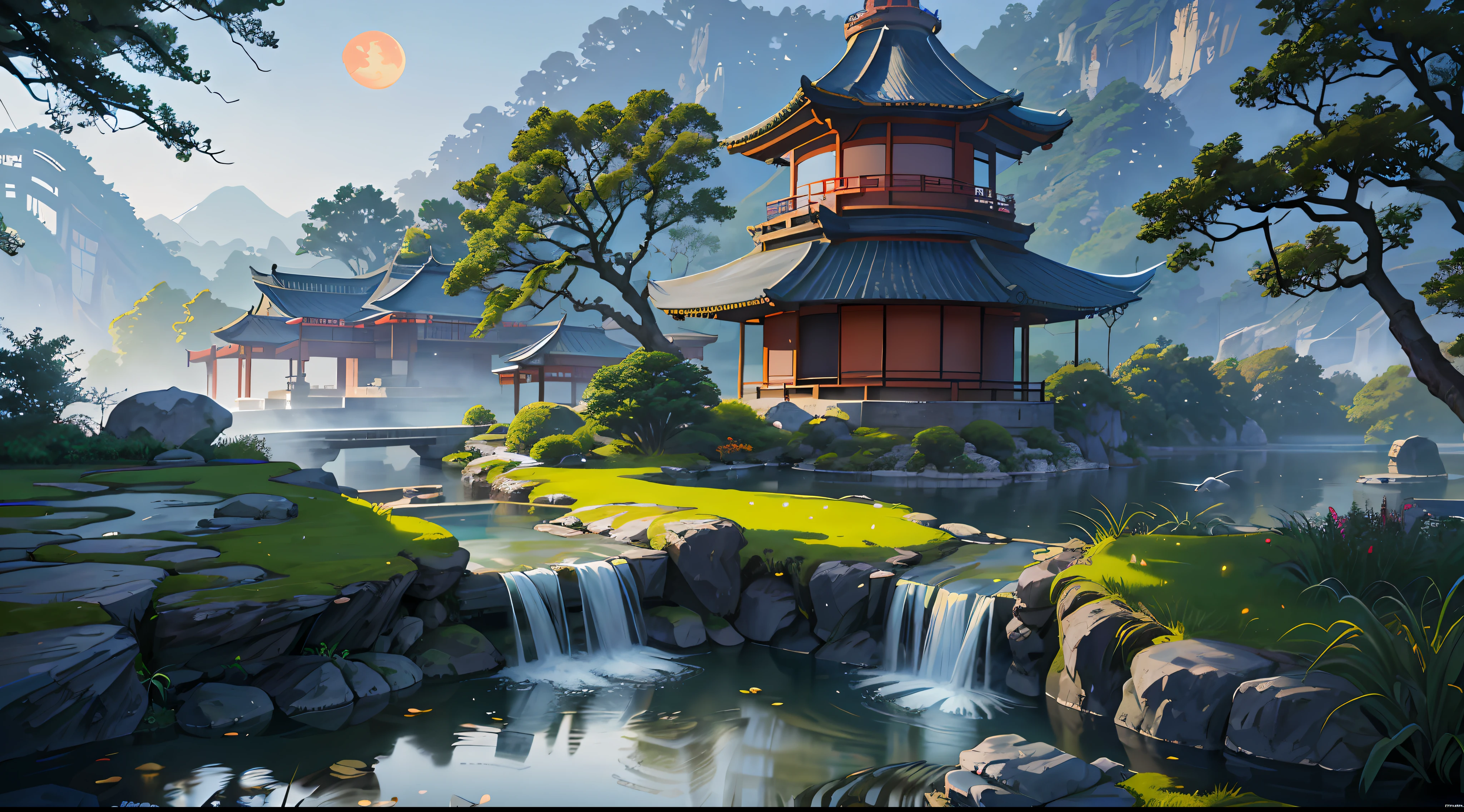 Ancient Chinese architecture, cool colors, dark night, moon, garden, bamboo, lake, stone bridge, rockery, arch, corner, tree, running water, landscape, outdoor, waterfall, grass, rock, dense fog, (Illustration: 1.0) , Epic Composition, HD Details, Masterpiece, Best Quality, (Very Detailed CG Unity 8k Wallpapers) --v 6