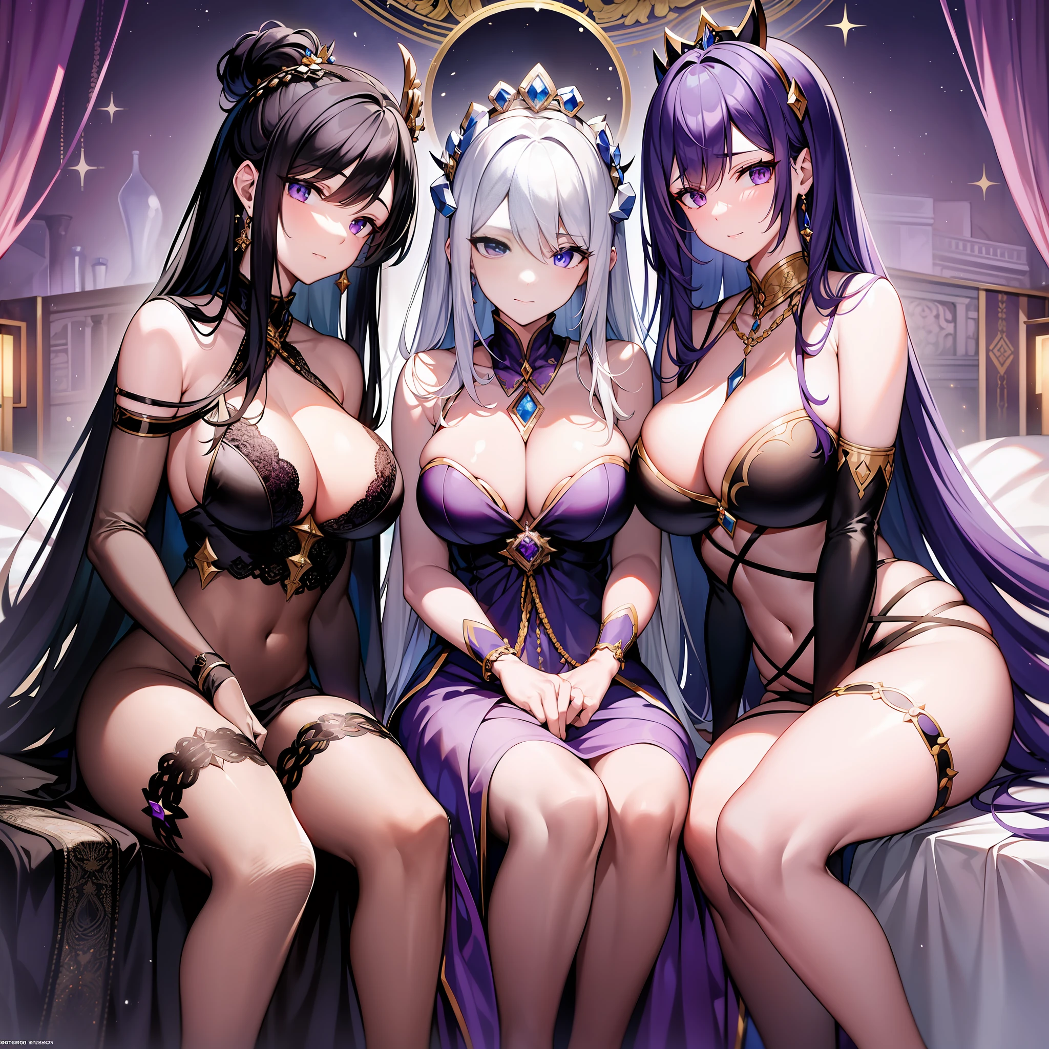 The black-haired female emperor, the white-haired female emperor and the purple-haired female emperor sat together on the edge of the bed, each exuding a unique aura that was chilling. The black-haired female emperor was dressed in a black robe and wore a ring inlaid with obsidian, and her eyebrows emitted a powerful light. The white-haired female emperor wore a white tulle long skirt and a white jade crown on her head, with an elegant and noble temperament. And the purple-haired female emperor, wearing a purple gorgeous robe and holding a magic staff shining with purple light, has become the most mysterious and respected existence in the entire kingdom.
The three female emperors did not speak, but just sat quietly on the edge of the bed, immersed in their own thoughts. The three of them frowned, as if discussing a very important issue. The whole room is filled with a mysterious and solemn atmosphere, which makes people feel solemn and inviolable. At this time, a fresh fragrance suddenly wafted in, and the surrounding air became more fresh and pleasant. The three female emperors gently converged their expressions, and their eyes met, as if they were conveying some kind of message in tacit understanding. There is a mysterious and sacred aura throughout the room, which makes people feel awe.